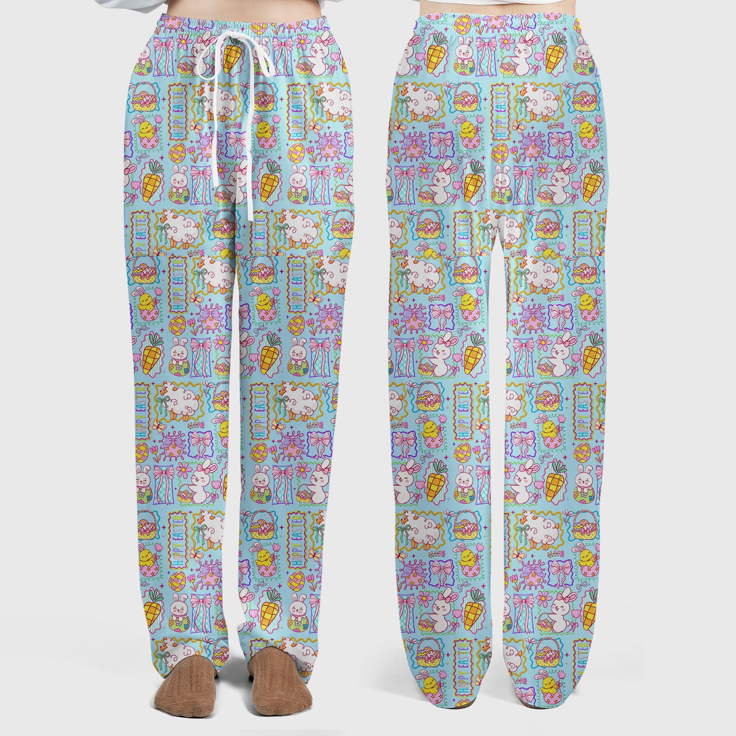 Cute Easter Bunny Egg and Bow Print Scrub Set, Scrub Pants and V Neck Top