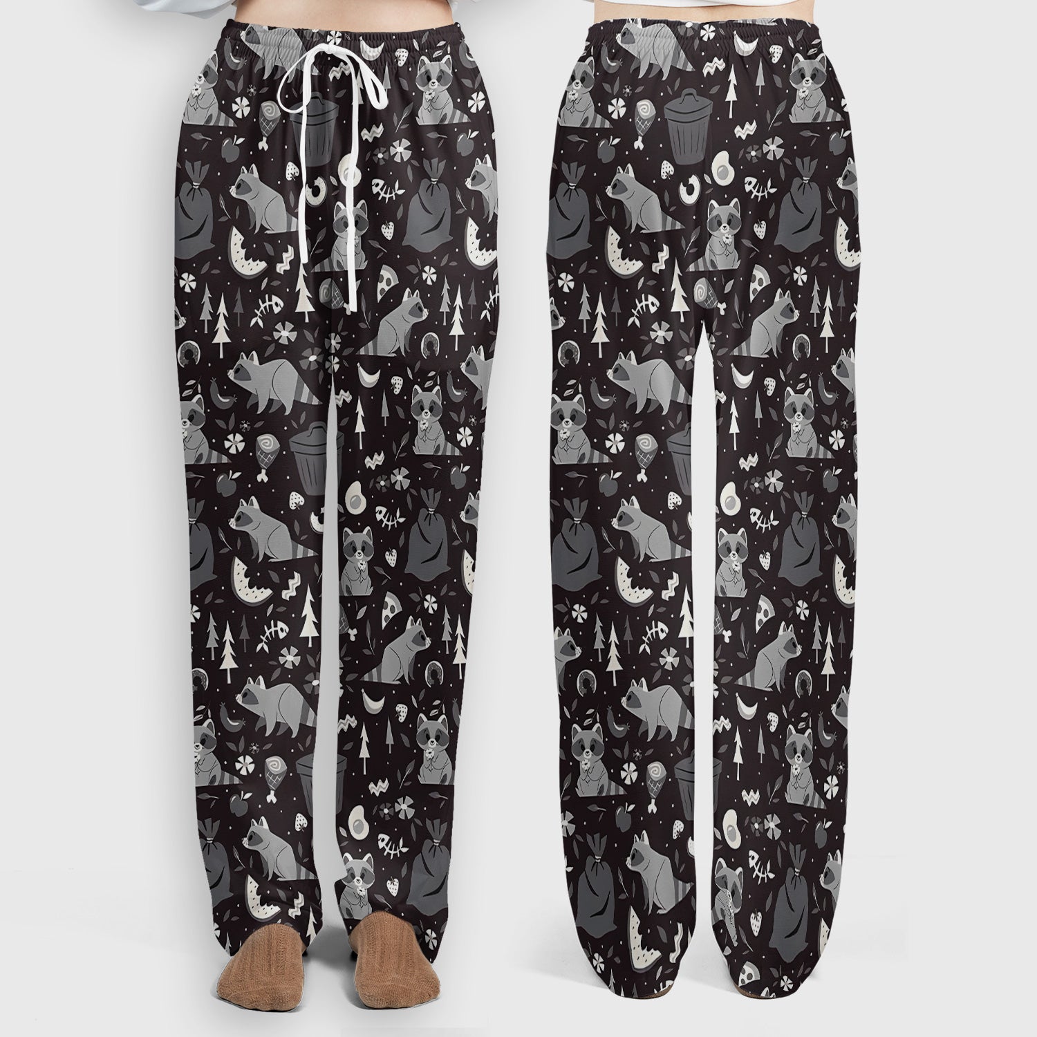Cute Raccoon Forest Food Pattern Scrub Set, Scrub Pants and V Neck Top