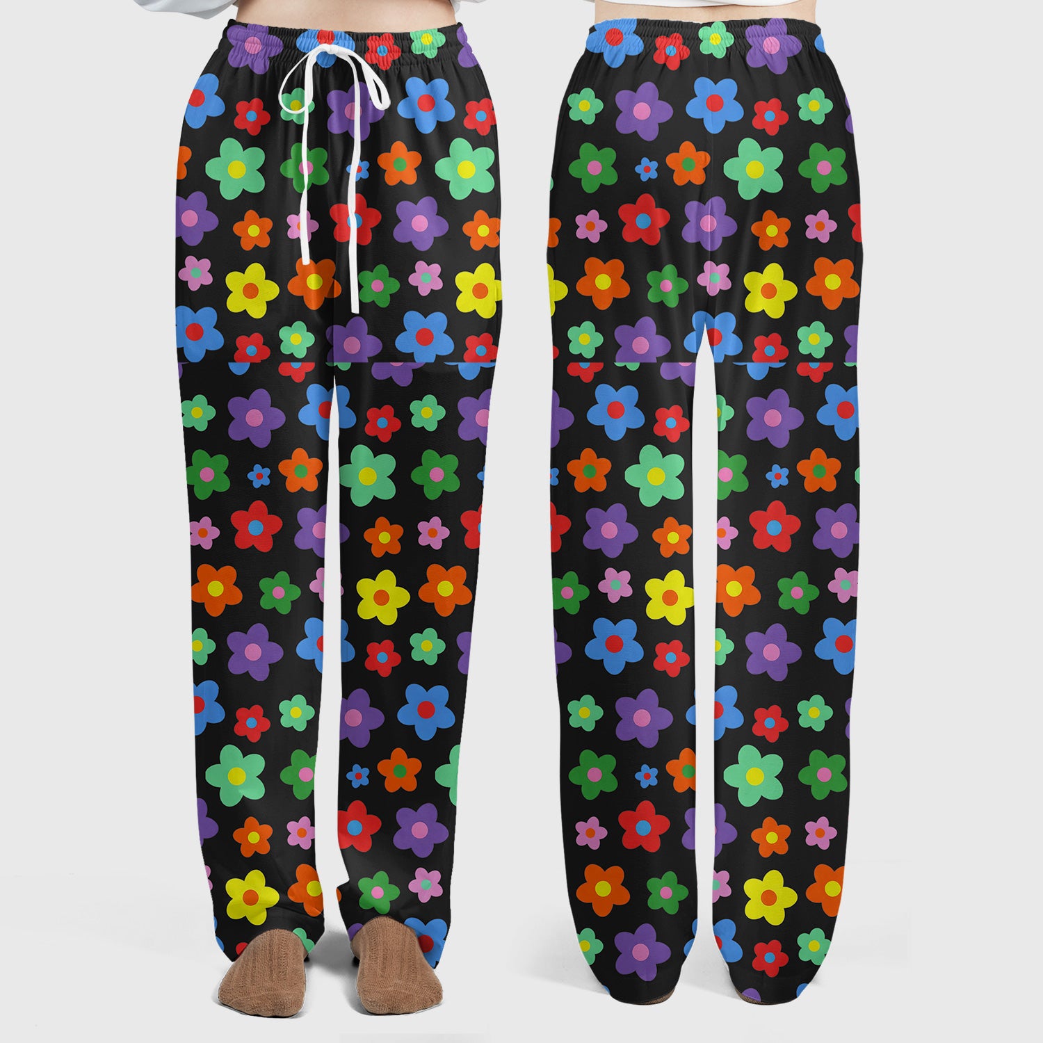 Colorful Retro Flower Pattern Print Scrub Set, Scrub Pants and V Neck Top