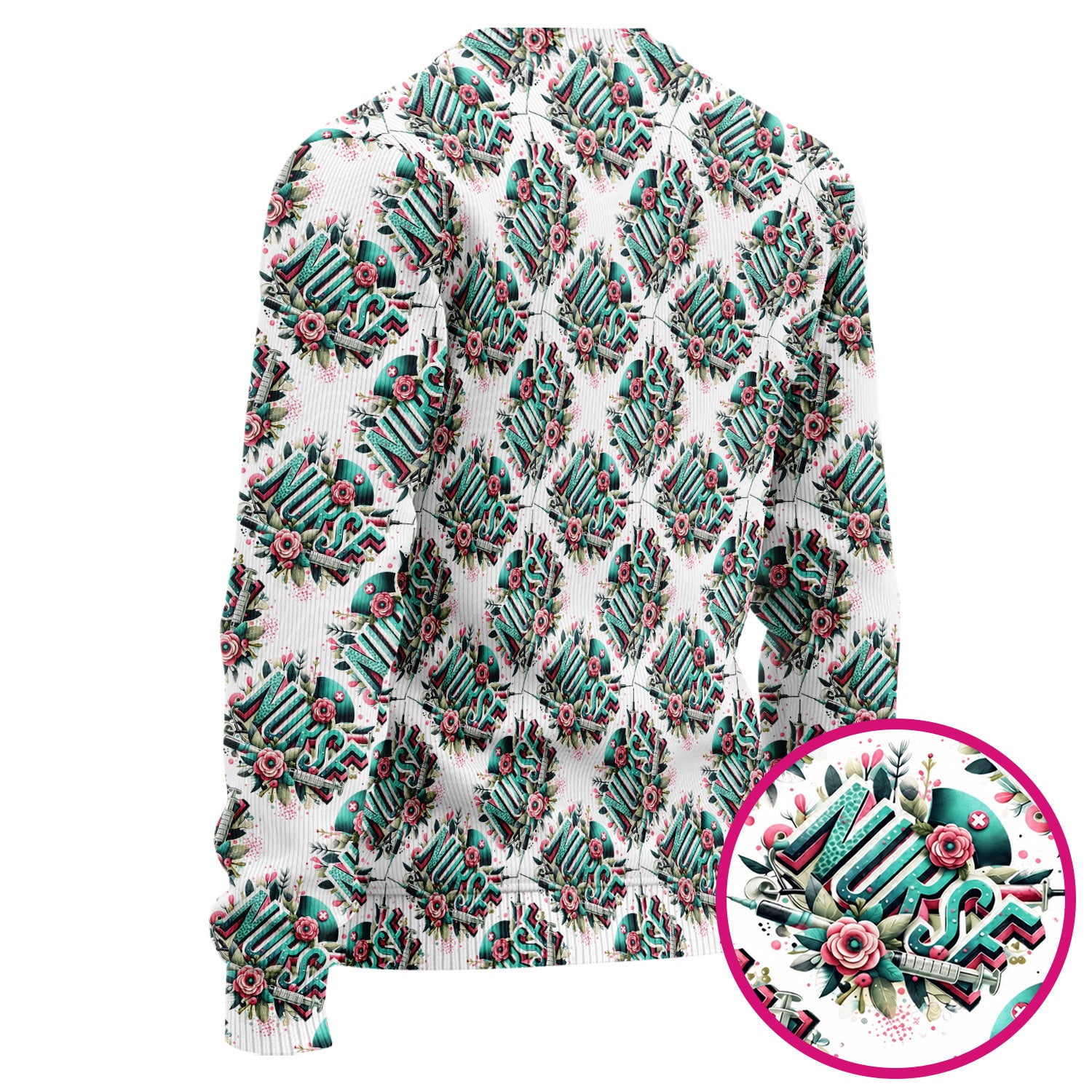 Cute Nurse Typography Floral Medical Pattern Scrub Set, Scrub Pants and V Neck Top