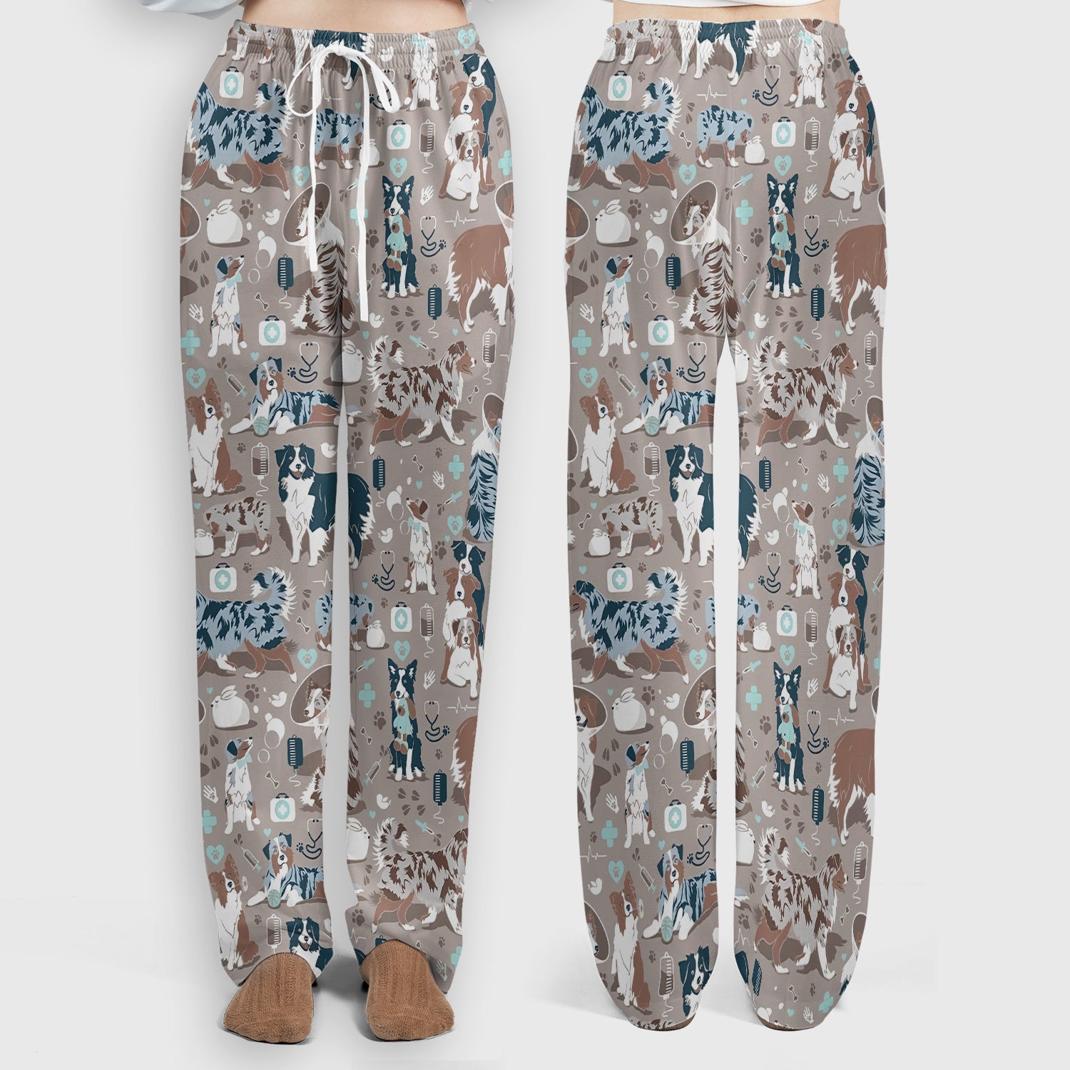 Cute Dog Pattern Women's Veterinary Scrub Set, Scrub Pants and V Neck Top