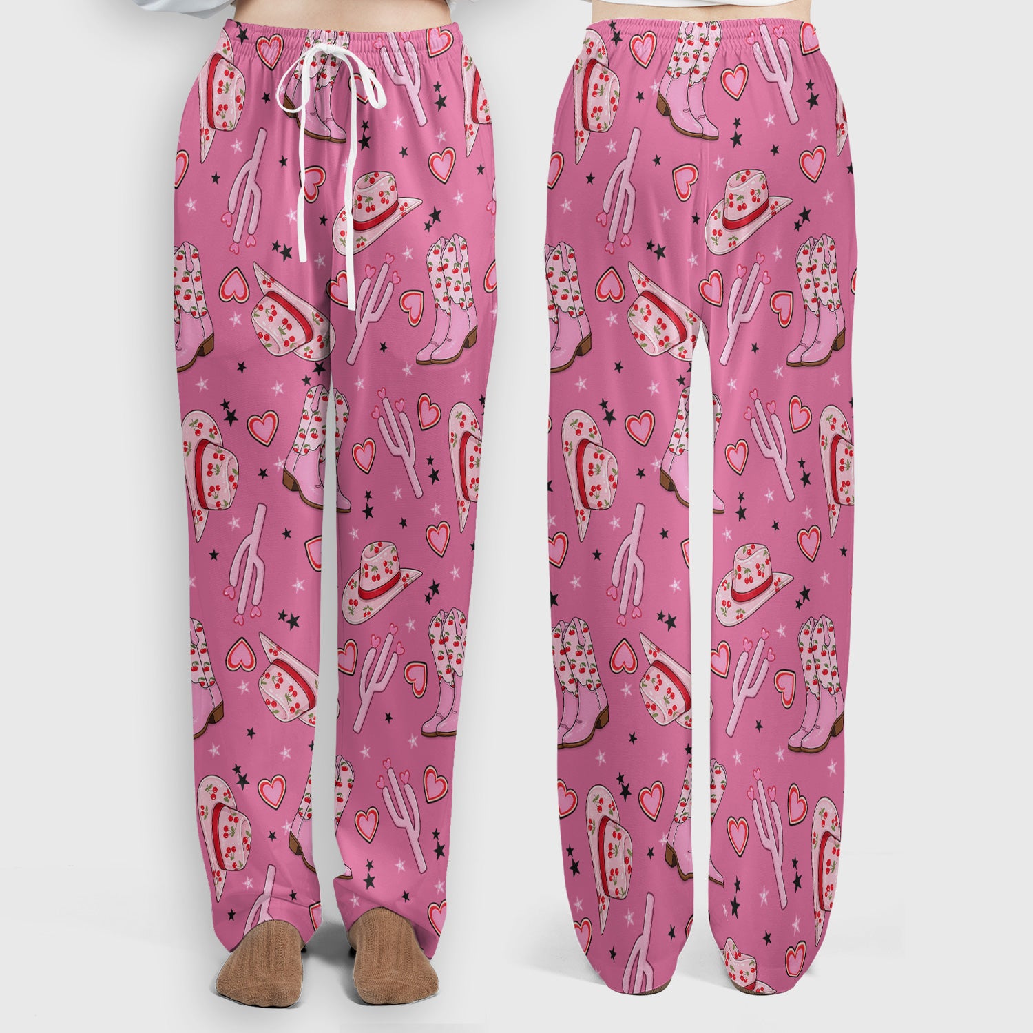 Pink Cowgirl Western Boots Hat Pattern Scrub Set, Scrub Pants and V Neck Top