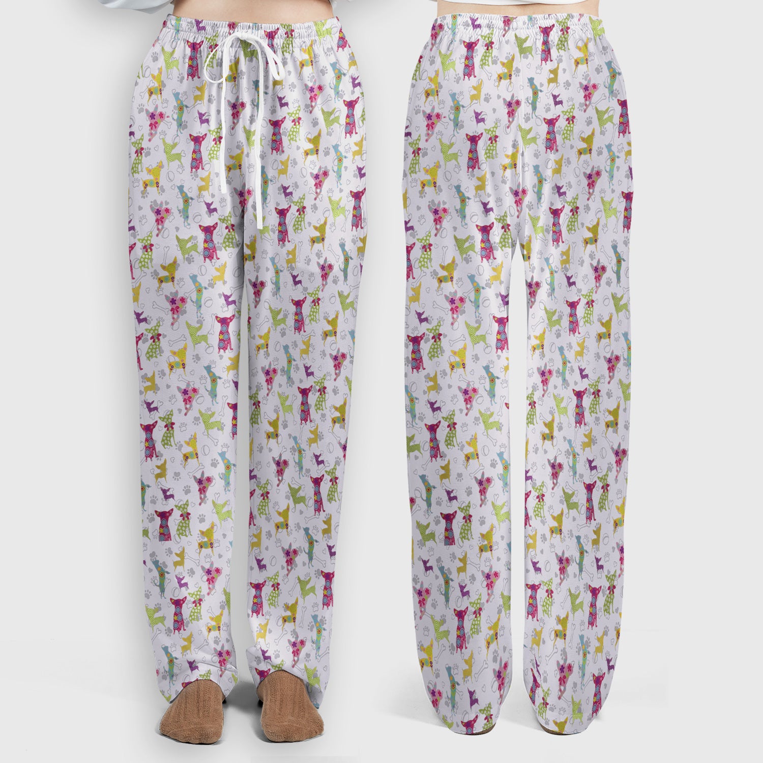Colorful Playful Dog Print Nurse Scrub Set, Scrub Pants and V Neck Top