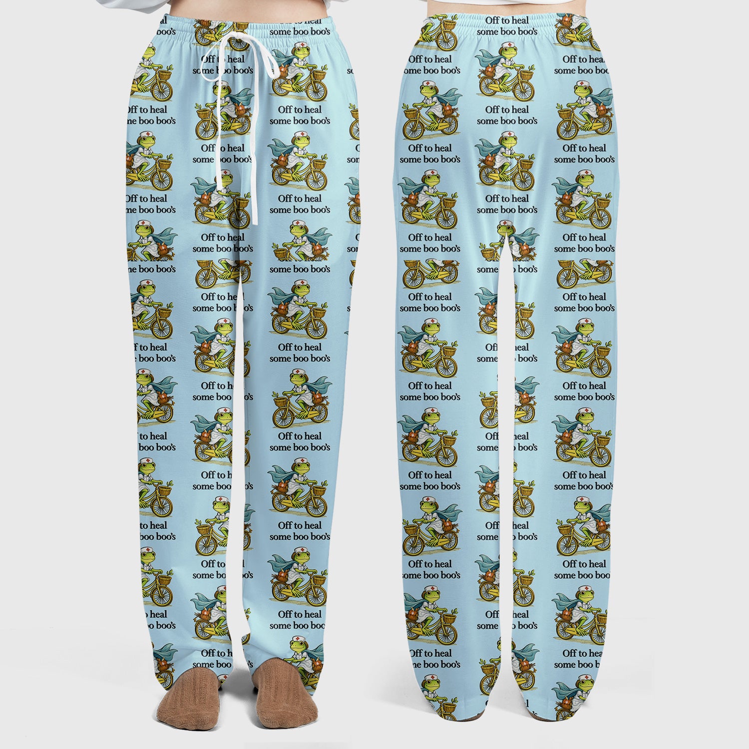 Funny Frog Nurse Cycling Pattern Scrub Set, Scrubs Pants and V Neck Top