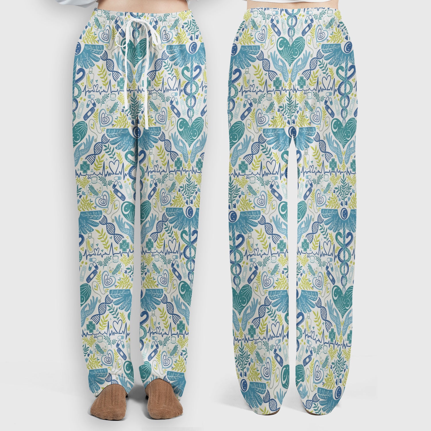Inspirational Botanical Medical Caduceus Heart Nurse Pattern Scrub Set, Breathable Med Uniform
