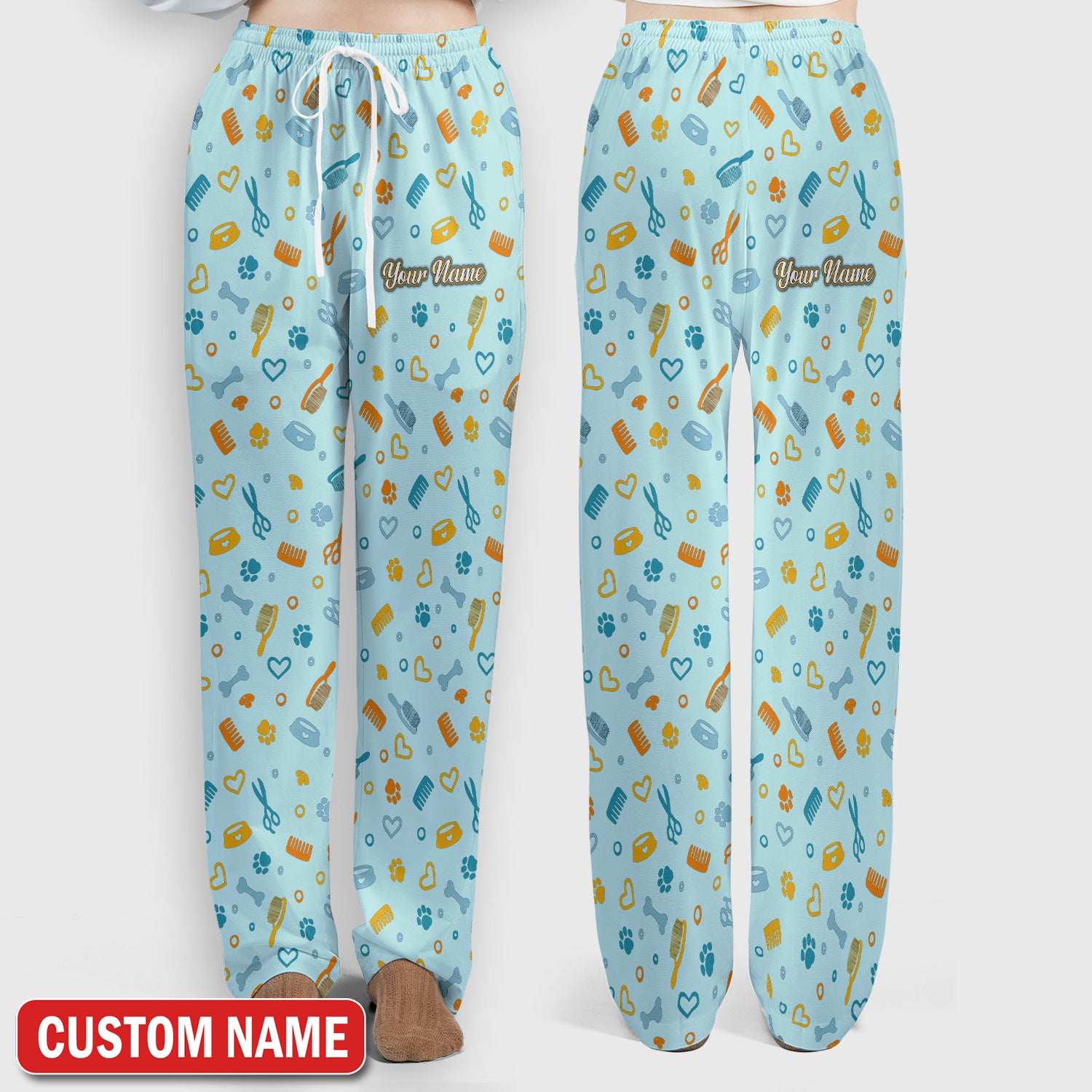 Custom Name Dog Cat Grooming Pattern Scrub Set, Scrub Pants and V Neck Top