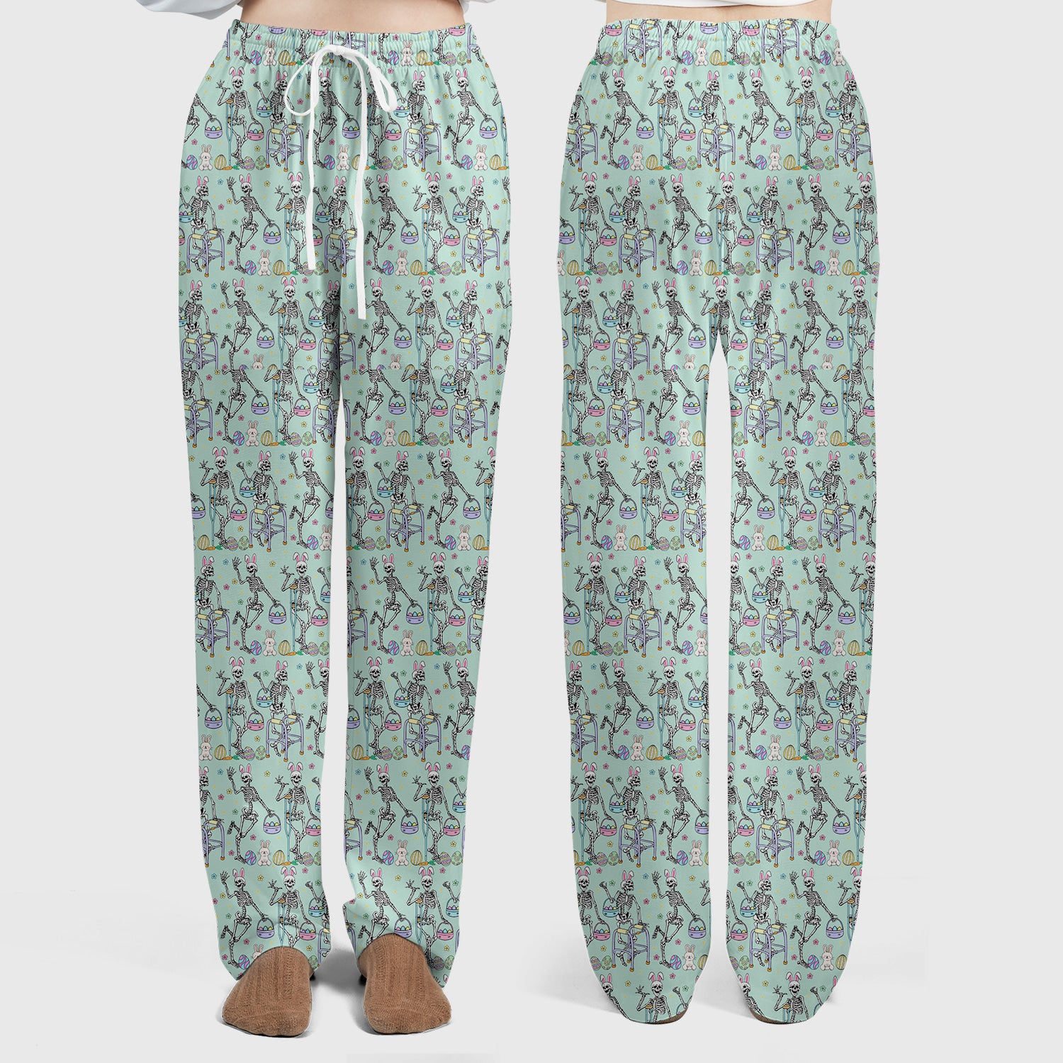 Fun Skeleton Bunny Easter Print Scrub Set, Scrub Pants and V Neck Top