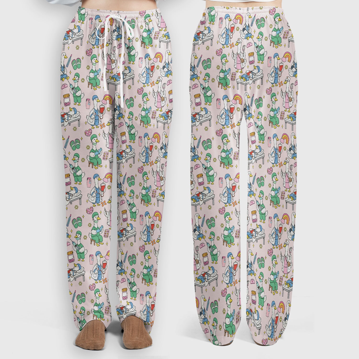 Funny Nurse Duck Medical Doodle Pattern Scrub Set, Scrub Pants and V Neck Top