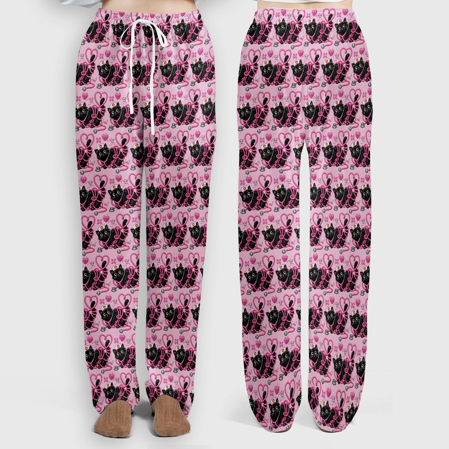 Valentine Cute Cat Nurse Heart Print Women's Scrub Set, Breathable Med Uniform