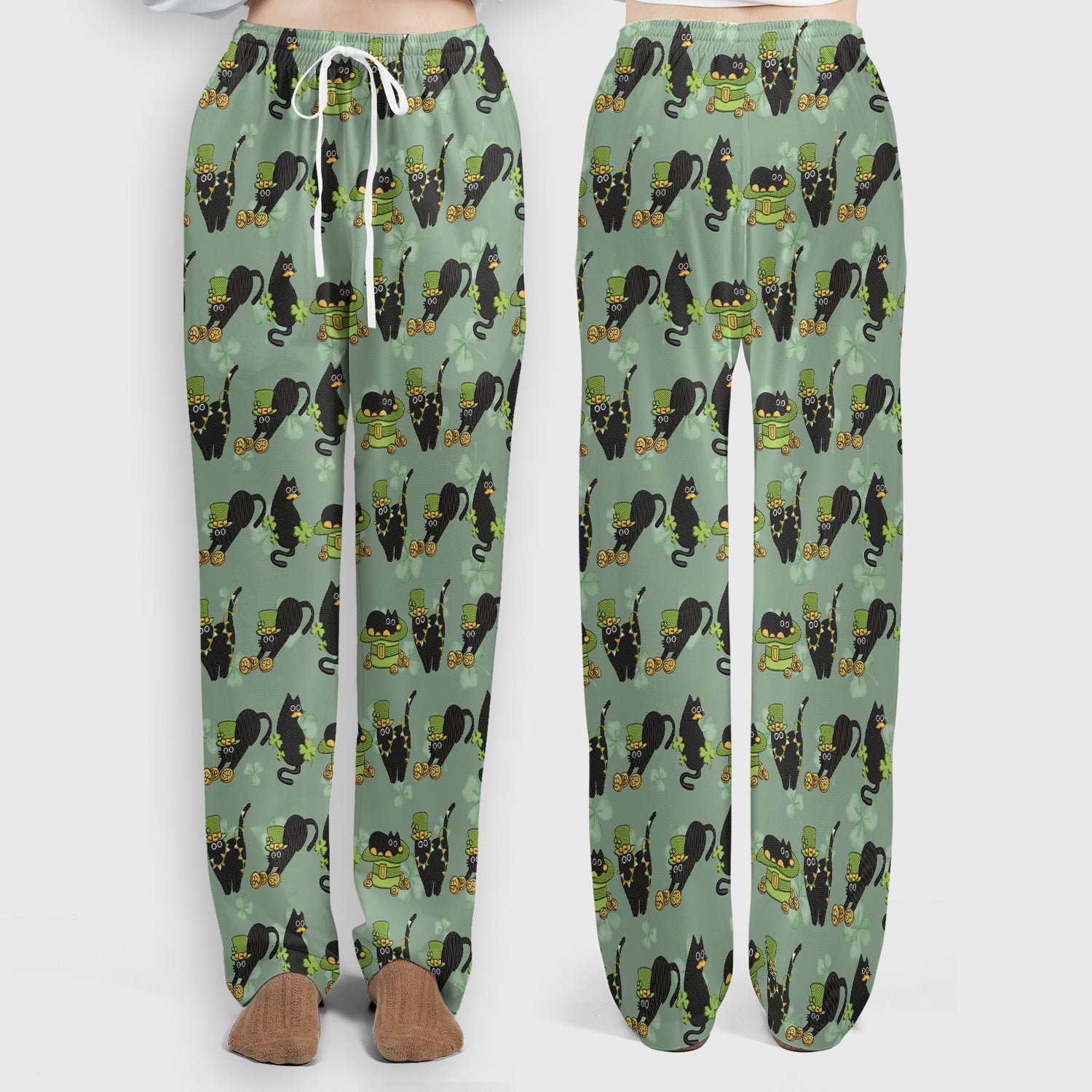 St. Patrick Black Cat Clover Print Women's Scrub Set, Breathable Med Uniform