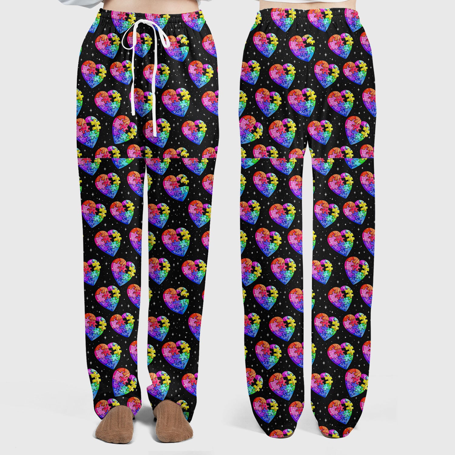 Rainbow Autism Puzzle Heart Starry Sky Print Scrub Set, Scrub Pants and V Neck Top