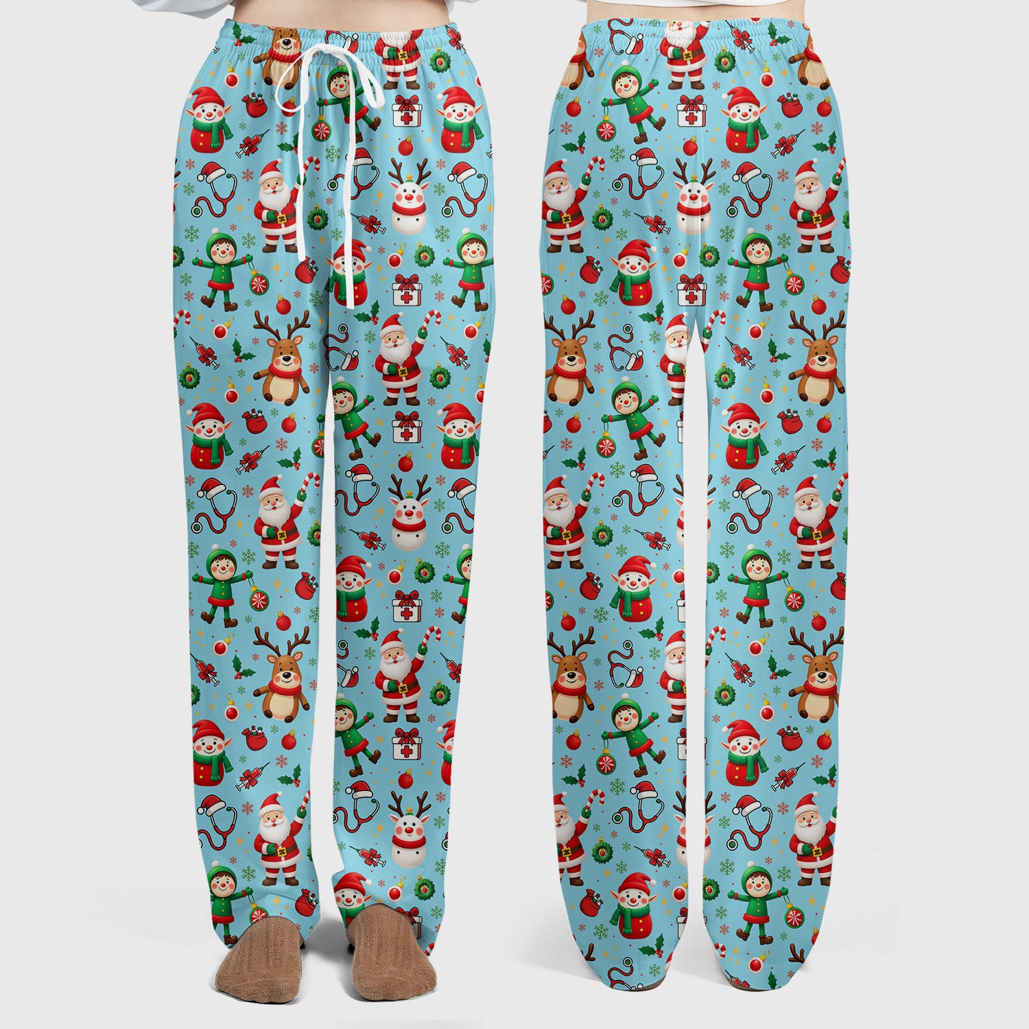 Santa Christmas Scrub Set - Cute Reindeer Scrubs Pants and V Neck Top - Festive Holiday Med Uniform for Women