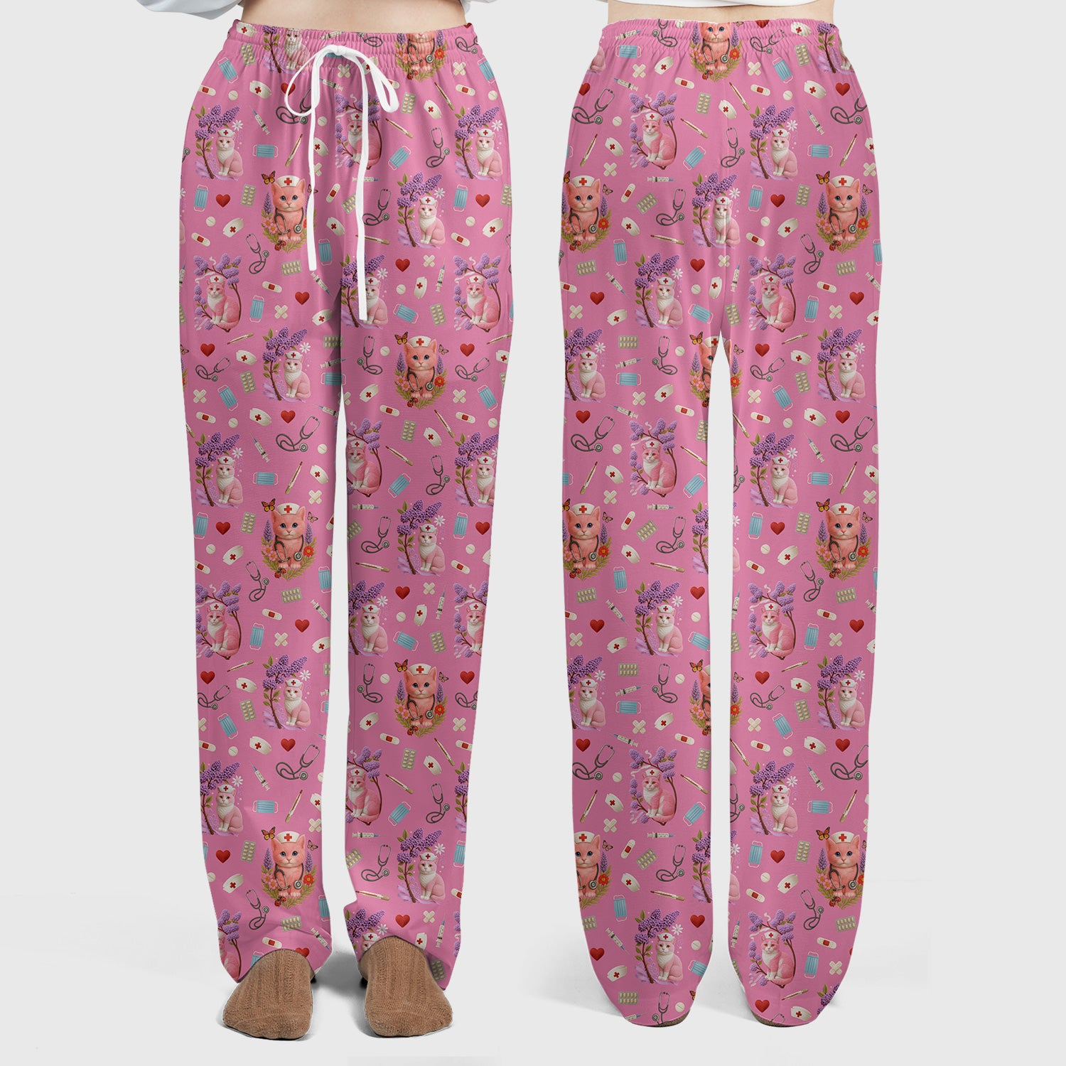 Cute Cat Pattern Nurse Scrub Set - Pink Medical Scrubs for Women - Adorable Kitty Print Gift for RN LPN CNA Healthcare Staff