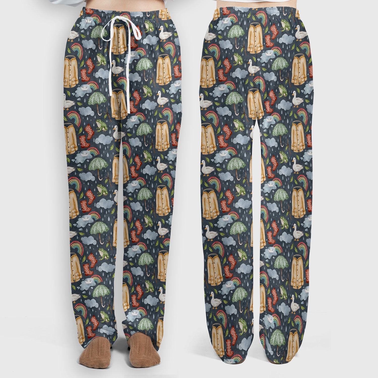 Cute Rainy Day Ducks & Frog Rainbow Pattern Scrub Set, Scrub Pants and V Neck Top