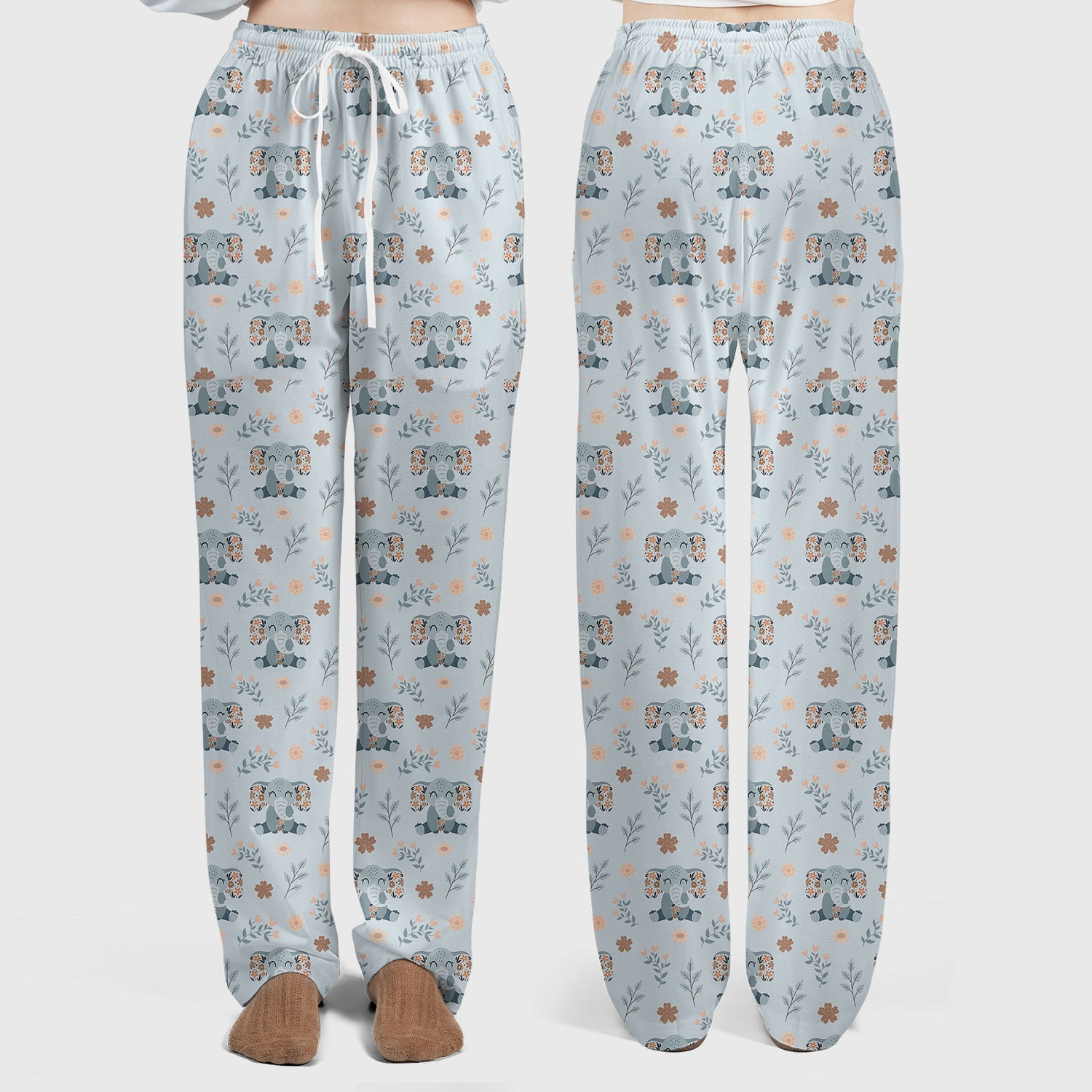Cute Elephant Floral Print Scrub Set, Scrub Pants and V Neck Top