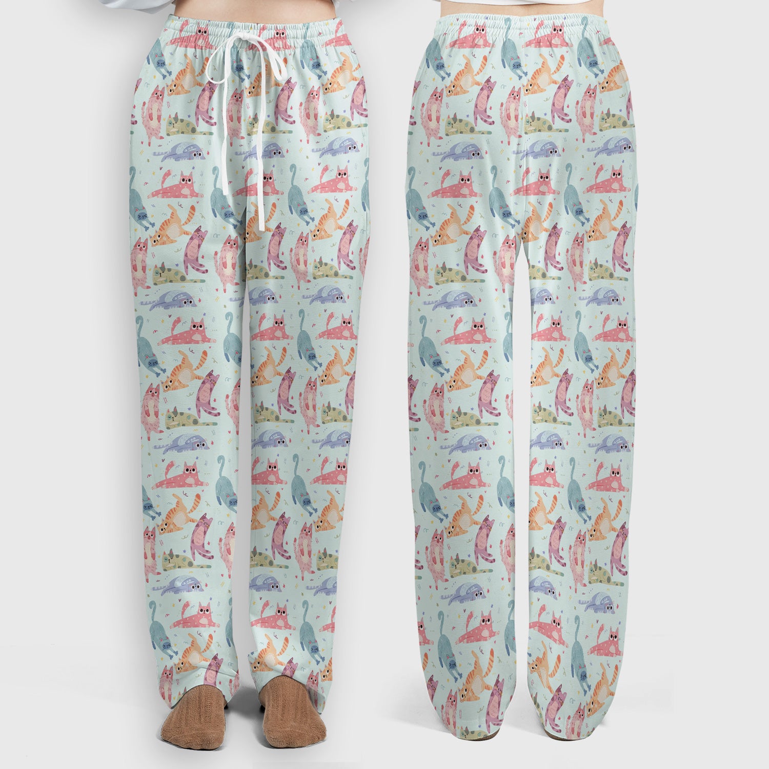 Funny Pastel Cat Pattern Medical Scrub Set, Breathable Fabrics Nursing Uniform
