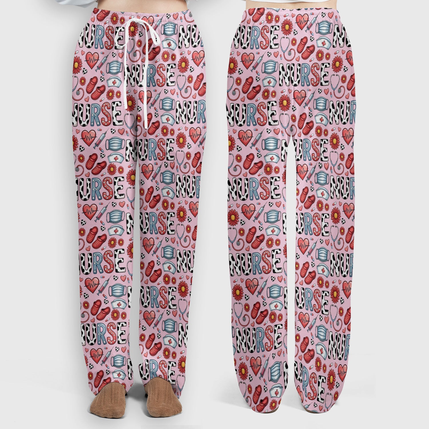 Cute Nurse Medical Icon Pattern Scrub Set, Scrub Pants and V Neck Top