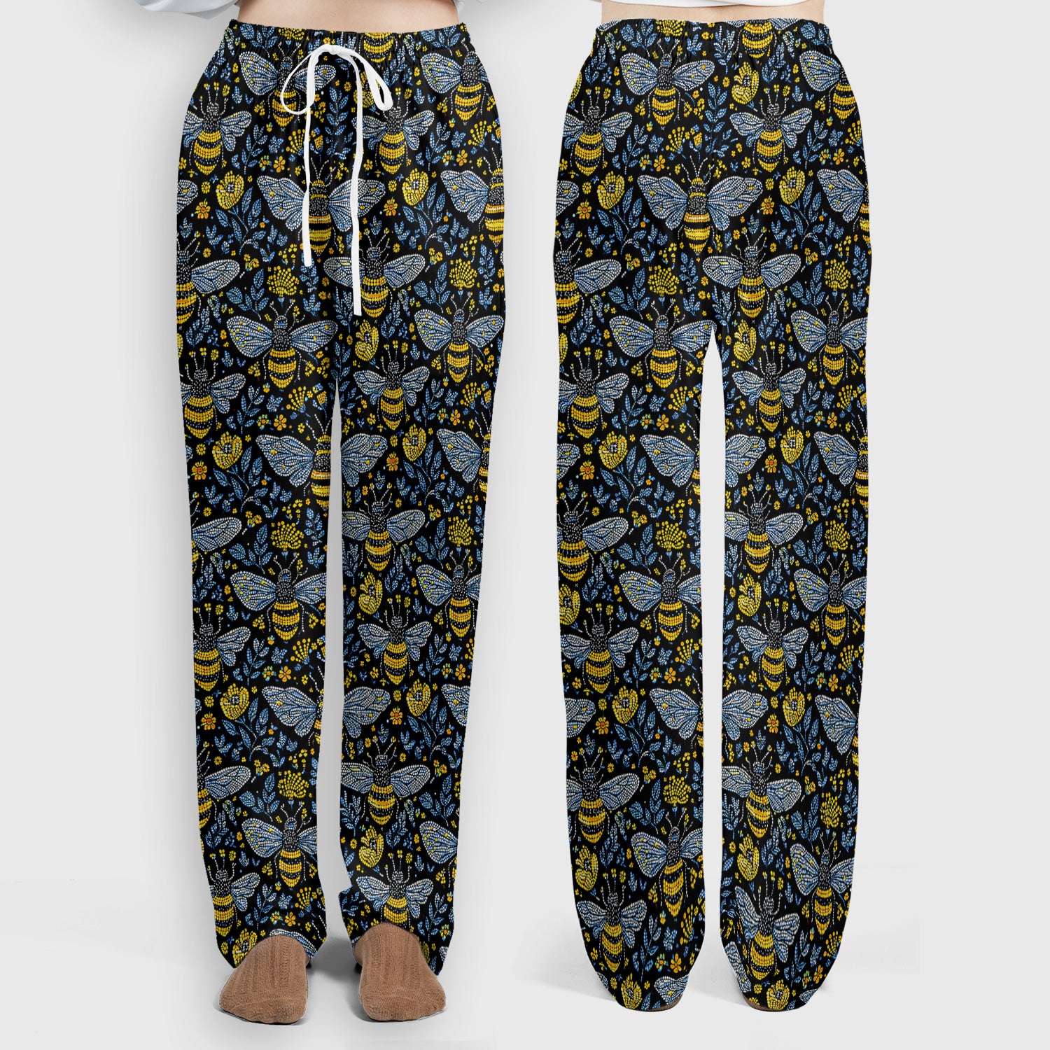 Honey Bee And Wildflower Garden Pattern Scrub Set, Scrub Pants and V Neck Top