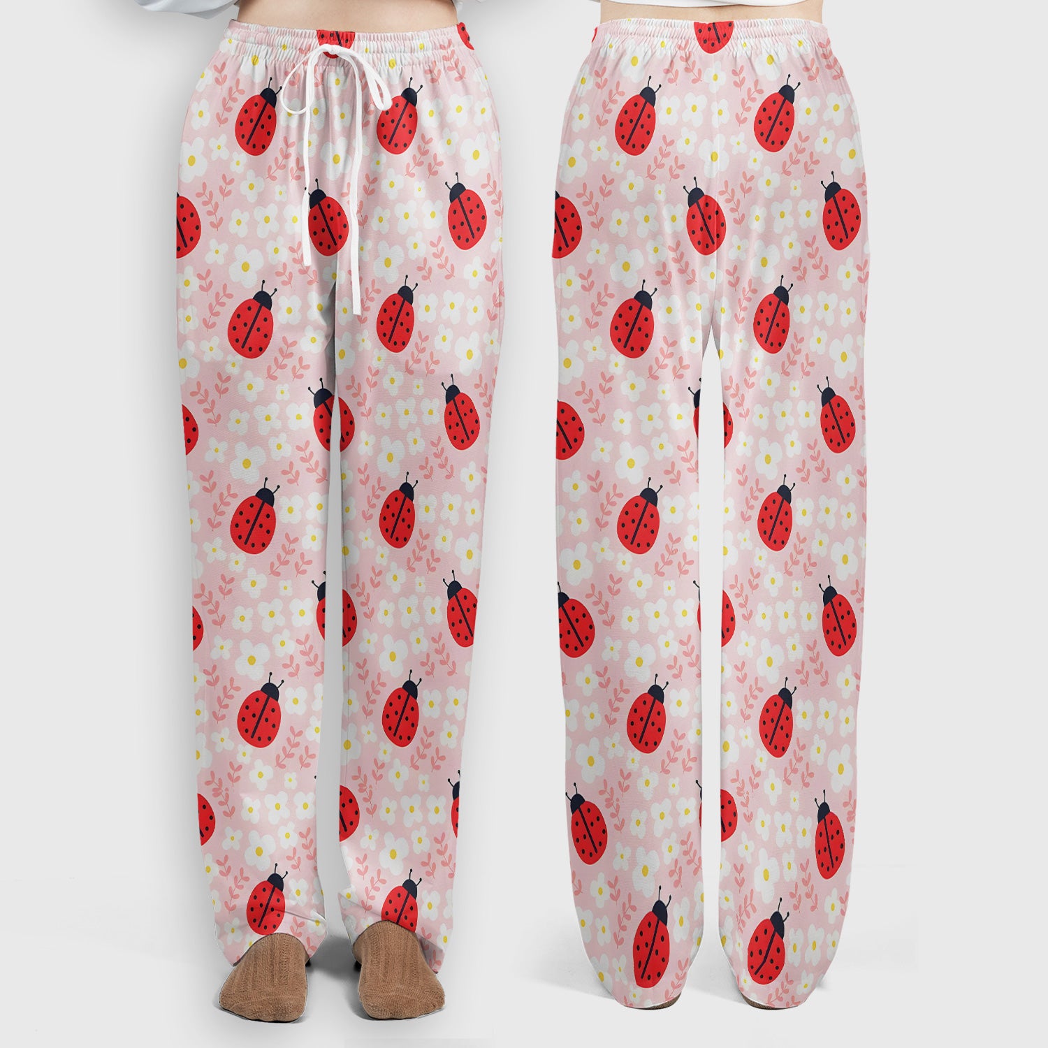 Cute Ladybug Blossom Print Scrub Set, Scrub Pants and V Neck Top