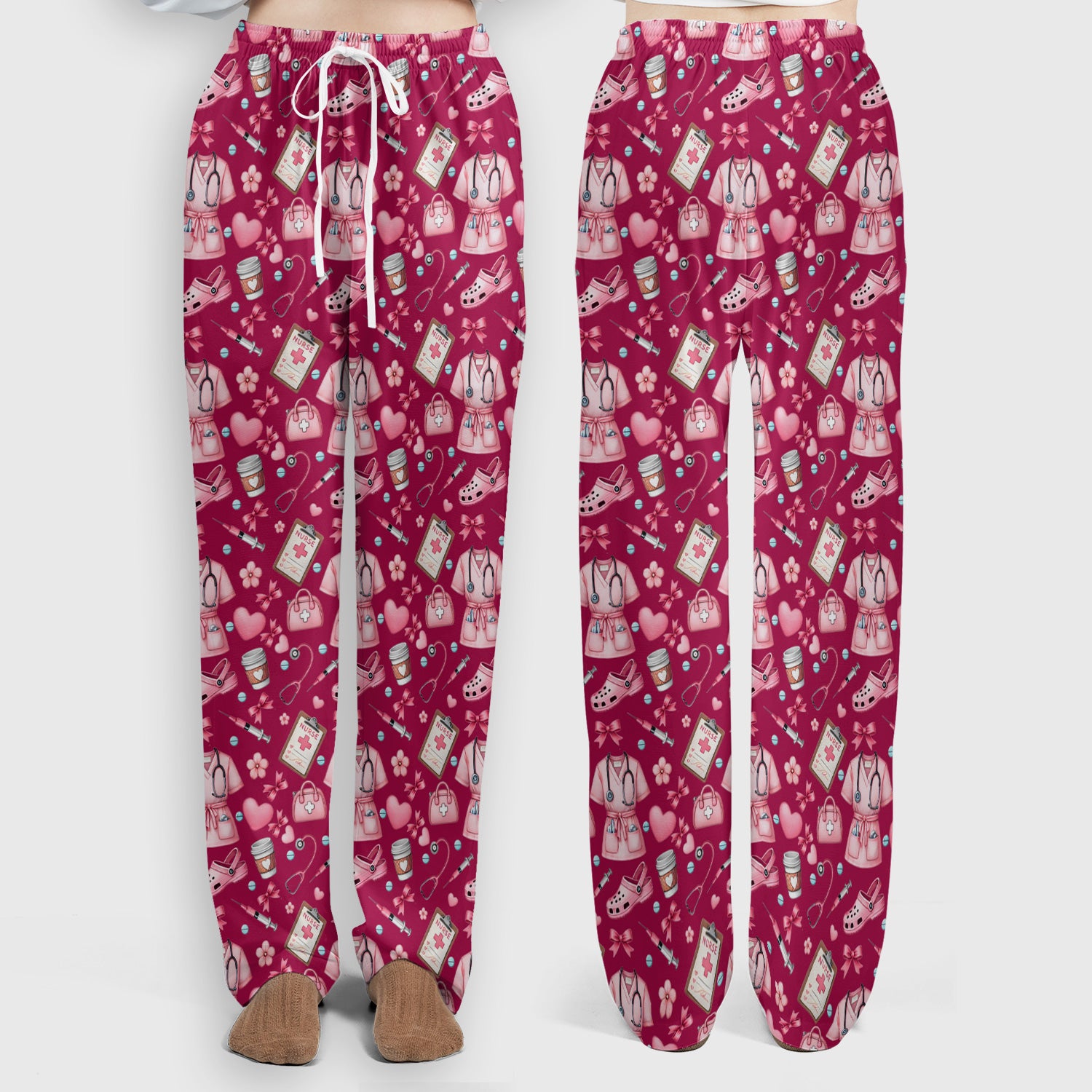 Valentine Pink Nurse Icons Print Women's Scrub Set, Breathable Med Uniform