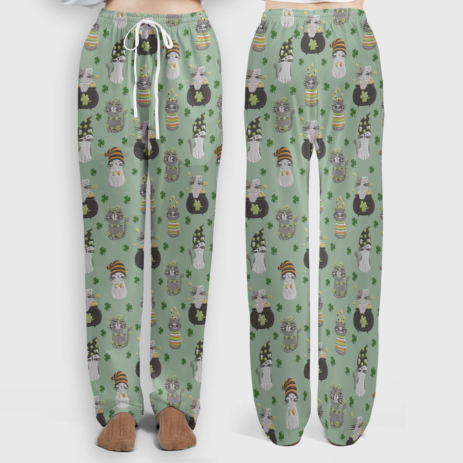 St. Patrick’s Day Scrub Set, Lucky Cat With Shamrock Pattern Shirt, Breathable Fabrics Nursing Uniform