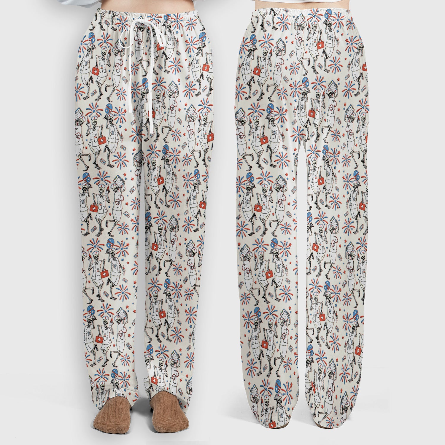Funny Skeleton Nurse Patriotic Print Scrub Set, Scrub Pants and V Neck Top