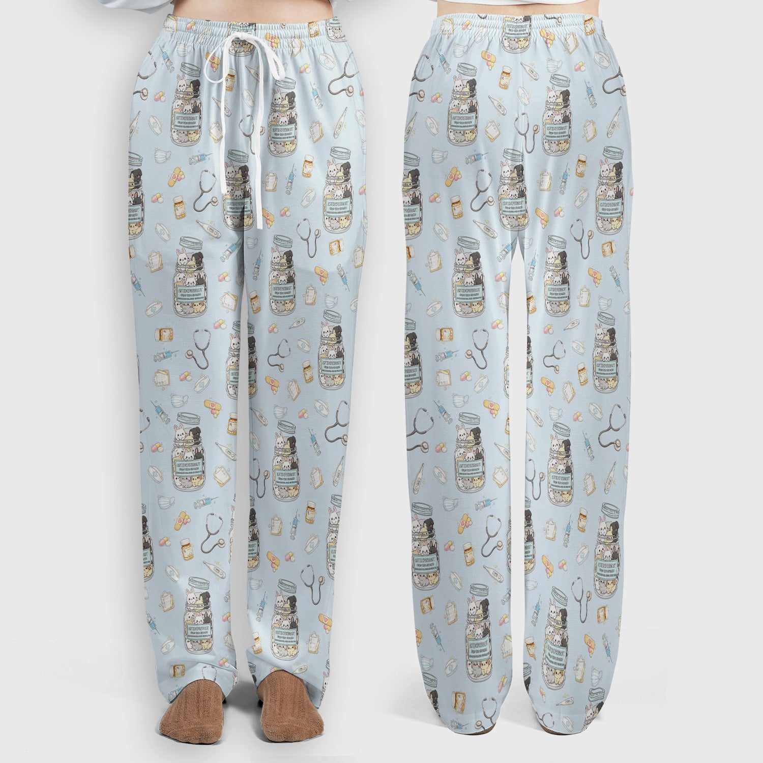 Whimsical Antidepressant Rabbit Jar Design Scrub Set, Scrub Pants and V-Neck Top