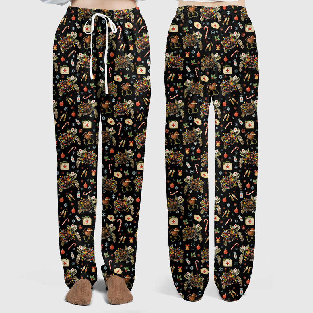 Funny Christmas Scrub Set - Sea Turtle with Xmas Lights Scrubs Pants and V Neck Top - Holiday Nurse Med Uniform for Women