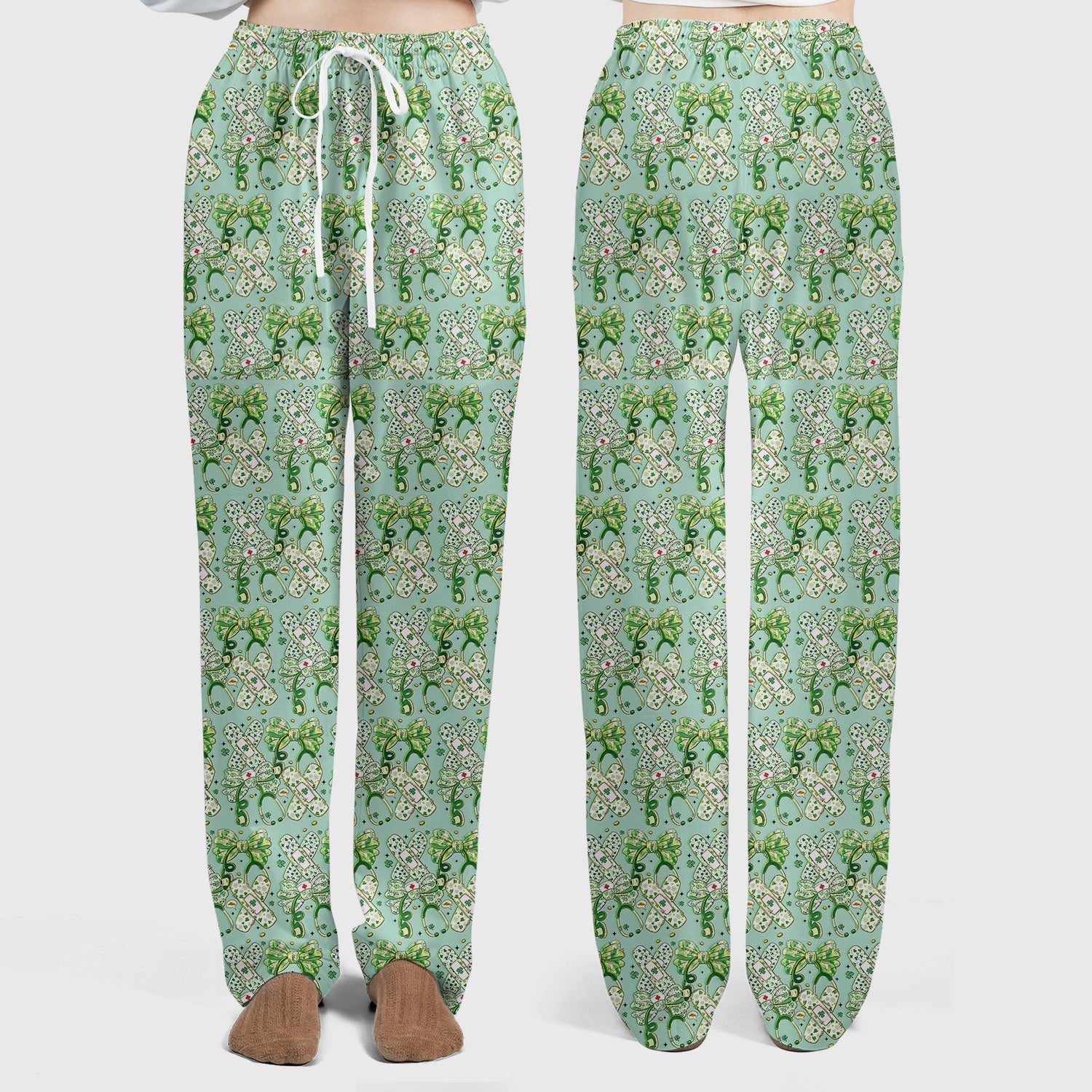 St Patrick Shamrock Stethoscope Bow Print Scrub Set, Breathable Med Uniform