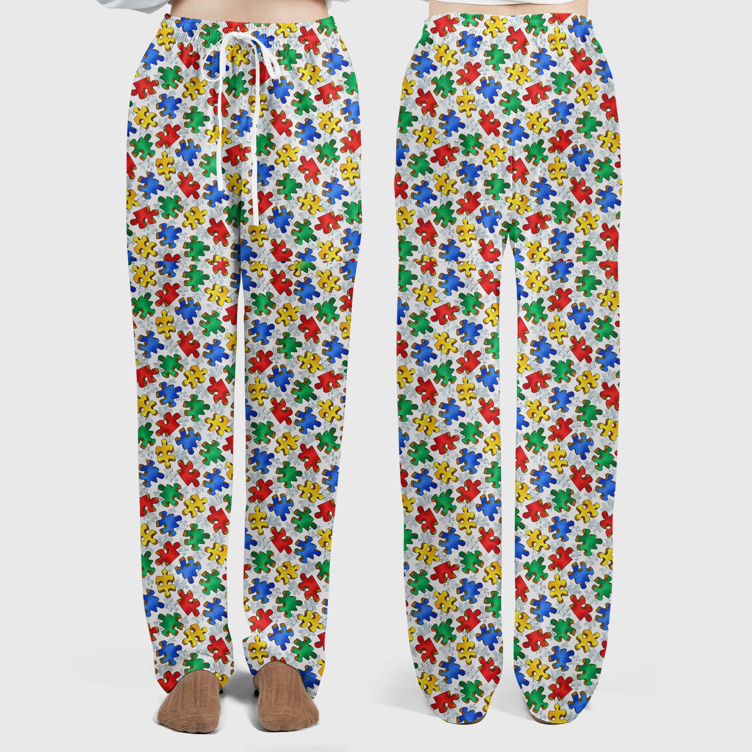 Colorful Autism Puzzle Piece Print Scrub Set, Scrub Pants and V Neck Top