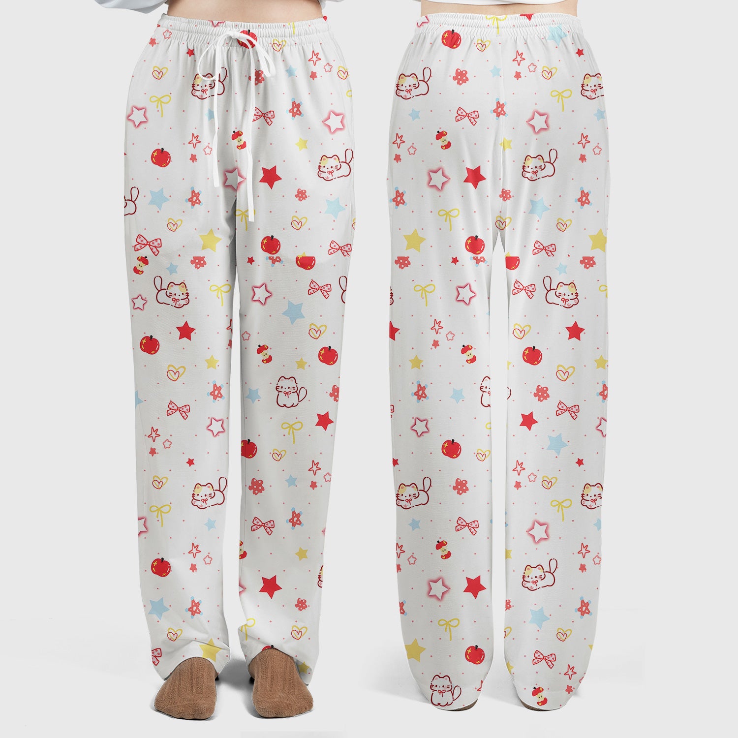 Cute Kawaii Cat Bow Star Pattern Scrub Set, Scrub Pants and V Neck Top