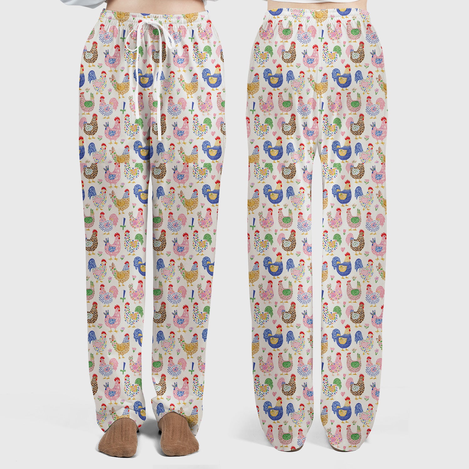 Colorful Chicken Farm Pattern Scrub Set, Scrub Pants and V Neck Top