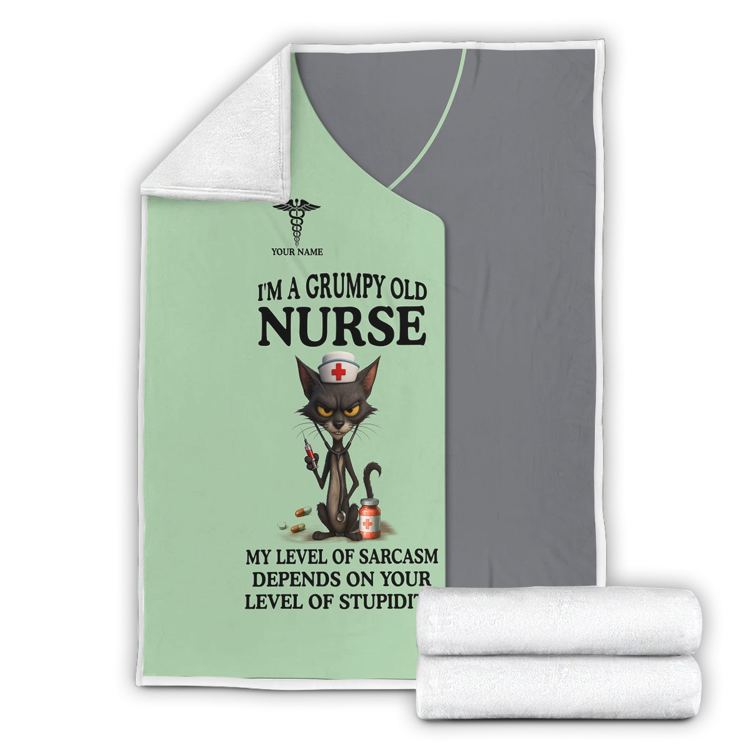 Custom Name Grumpy Old Nurse Blanket - Angry Cat Sarcastic Humor for RN LPN CNA Medical Staff Gift  - Multiple Color Options Available Keepsake