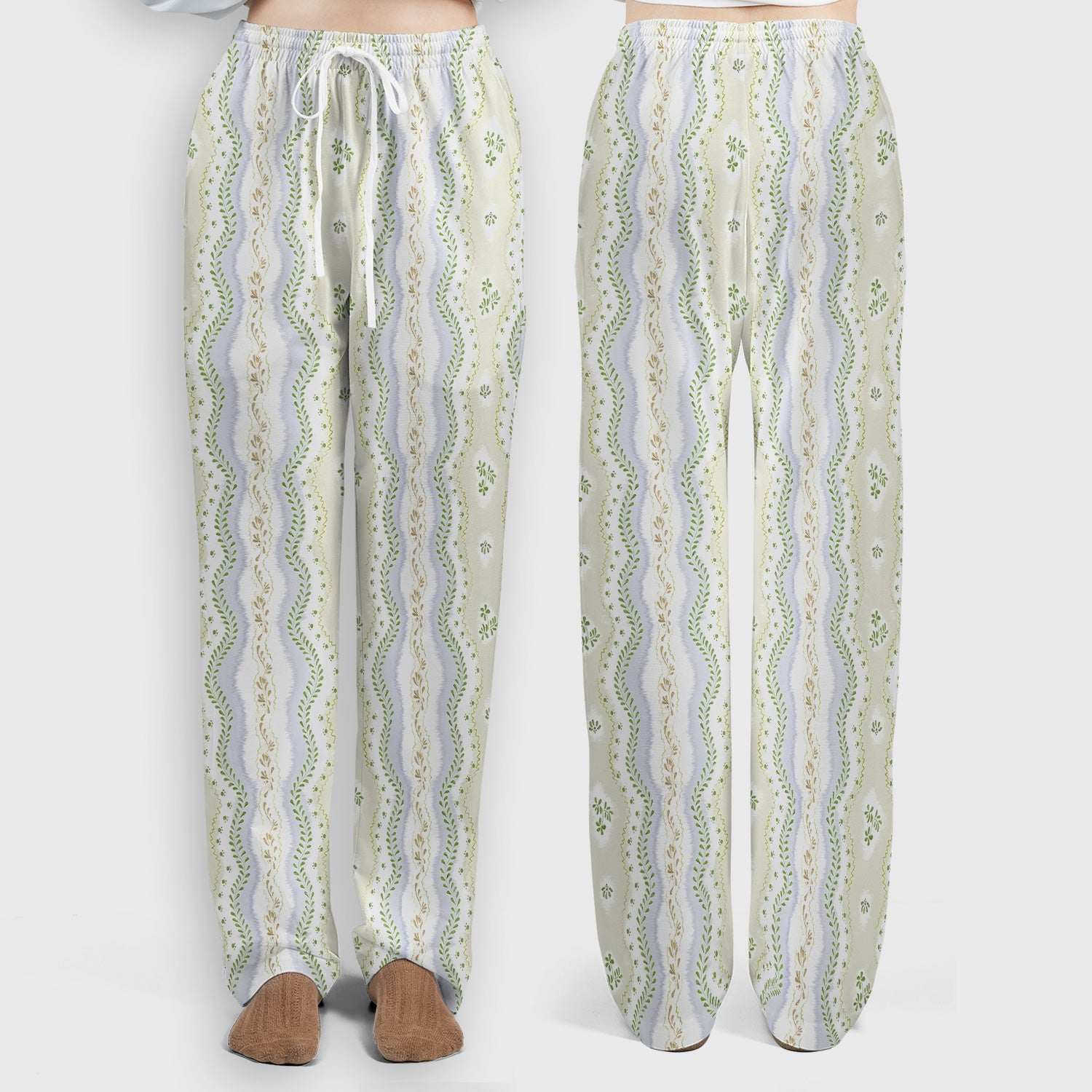 Wavy Stripe Botanical Pattern Scrub Set, Scrub Pants and V Neck Top