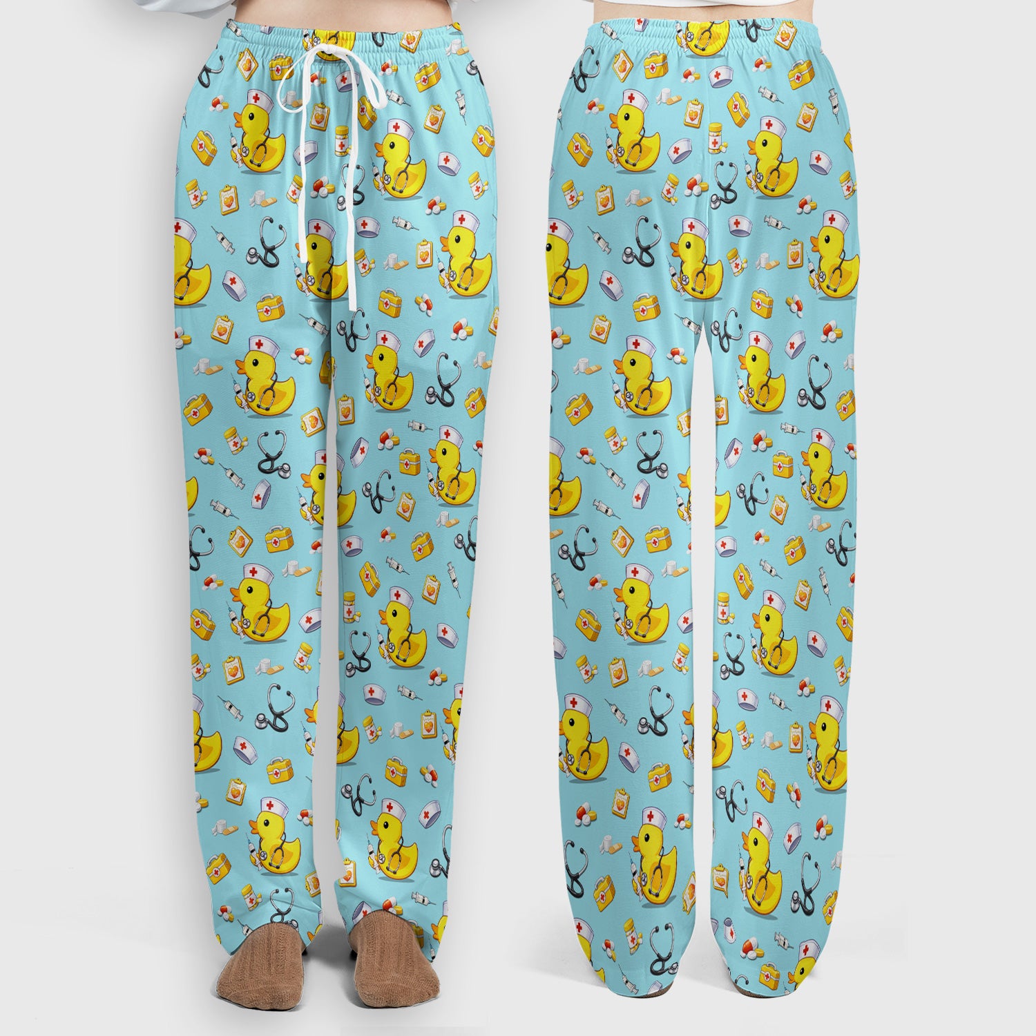 Playful Medical Duck Print Women's Scrub Set, Breathable Med Uniform