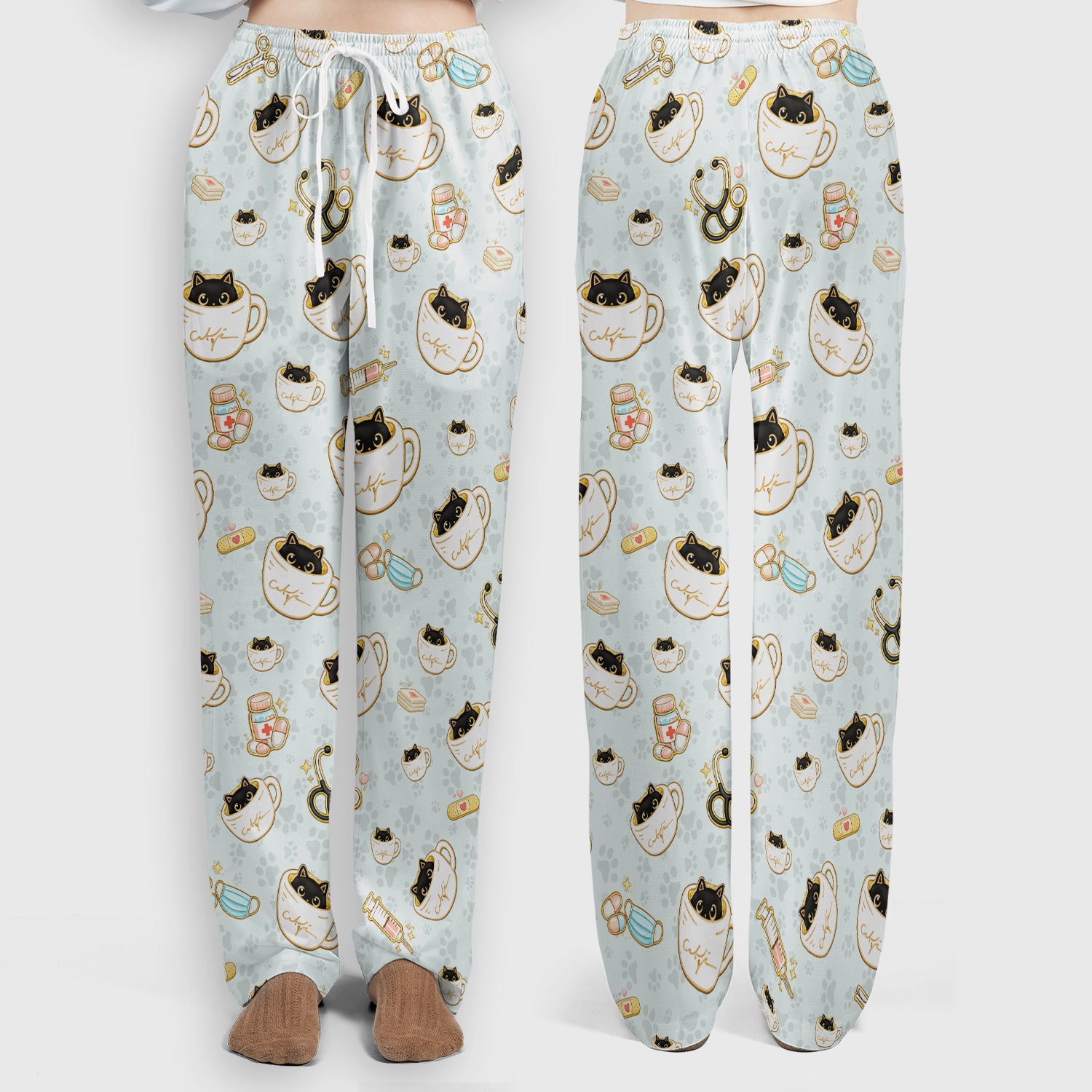 Cute Coffee Cat Medical Print Scrub Set, Scrub Pants and V Neck Top