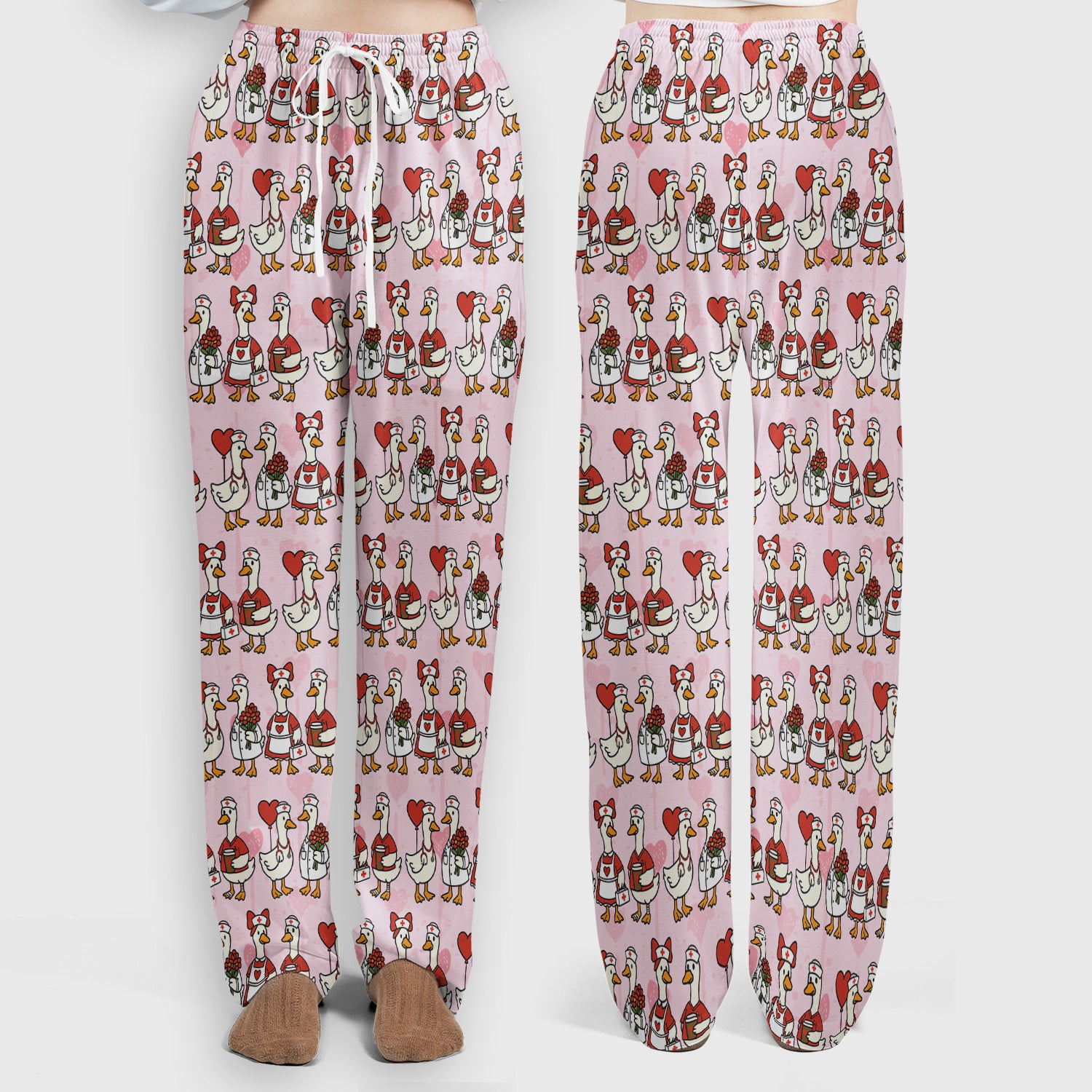 Valentine Nurse Goose with Heart Pattern Scrub Set, Scrub Pants and V Neck Top