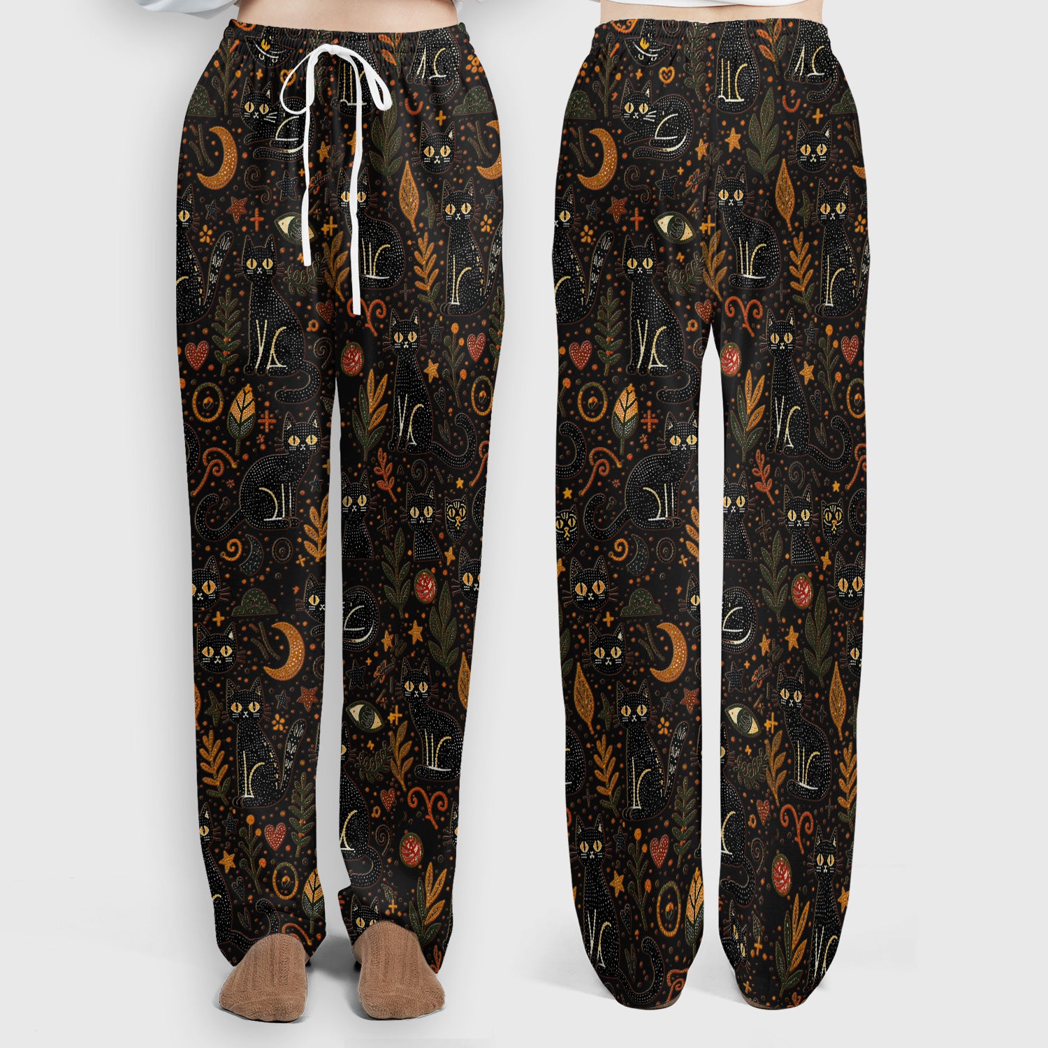 Mystic Black Cat Celestial Doodle Pattern Scrub Set, Scrub Pants and V Neck Top