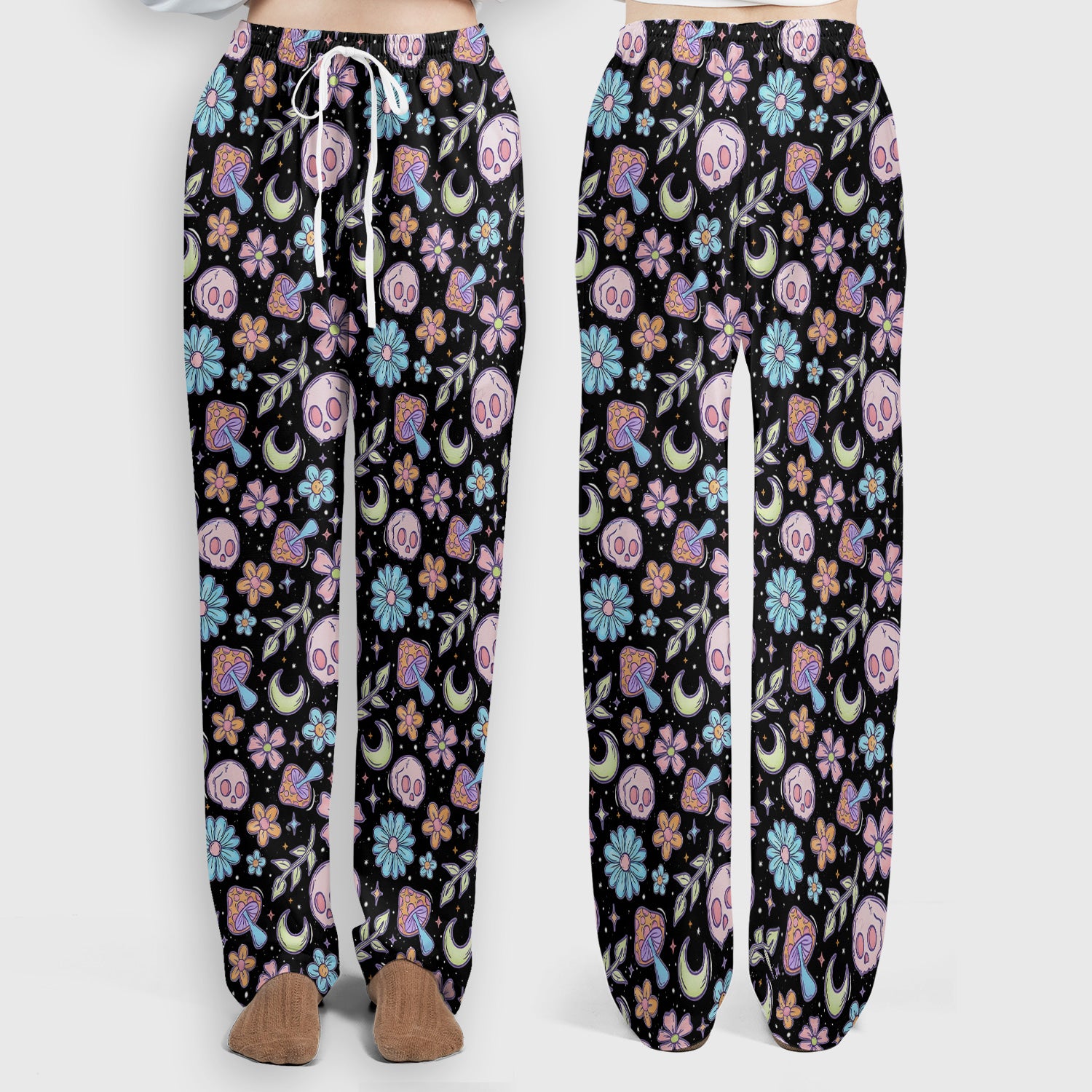 Neon Skull Mushroom Floral Scrub Set, Colorful Gothic Scrub Pants and V Neck Top