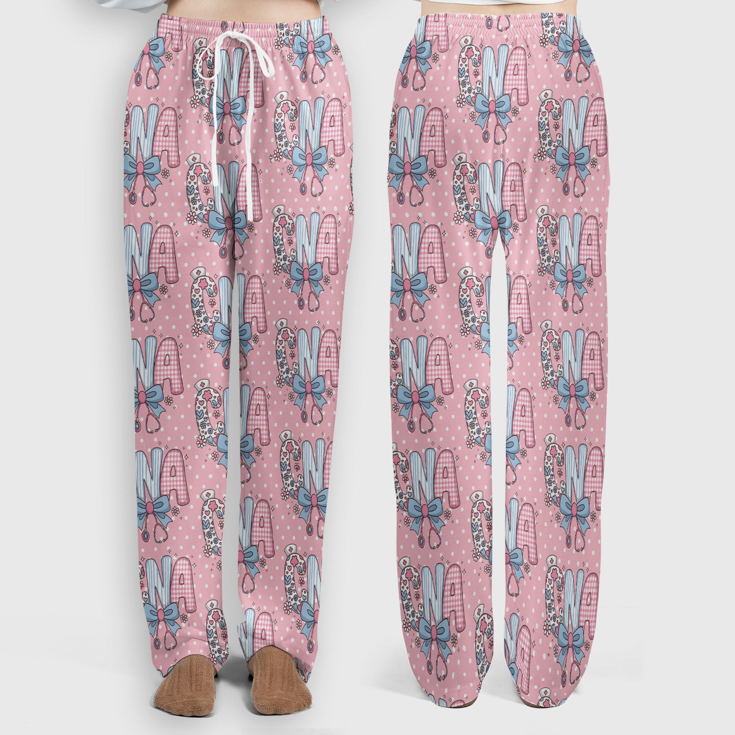 Cute CNA Floral Bow Pattern Scrub Set, Scrub Pants and V Neck Top, Breathable Med Uniform