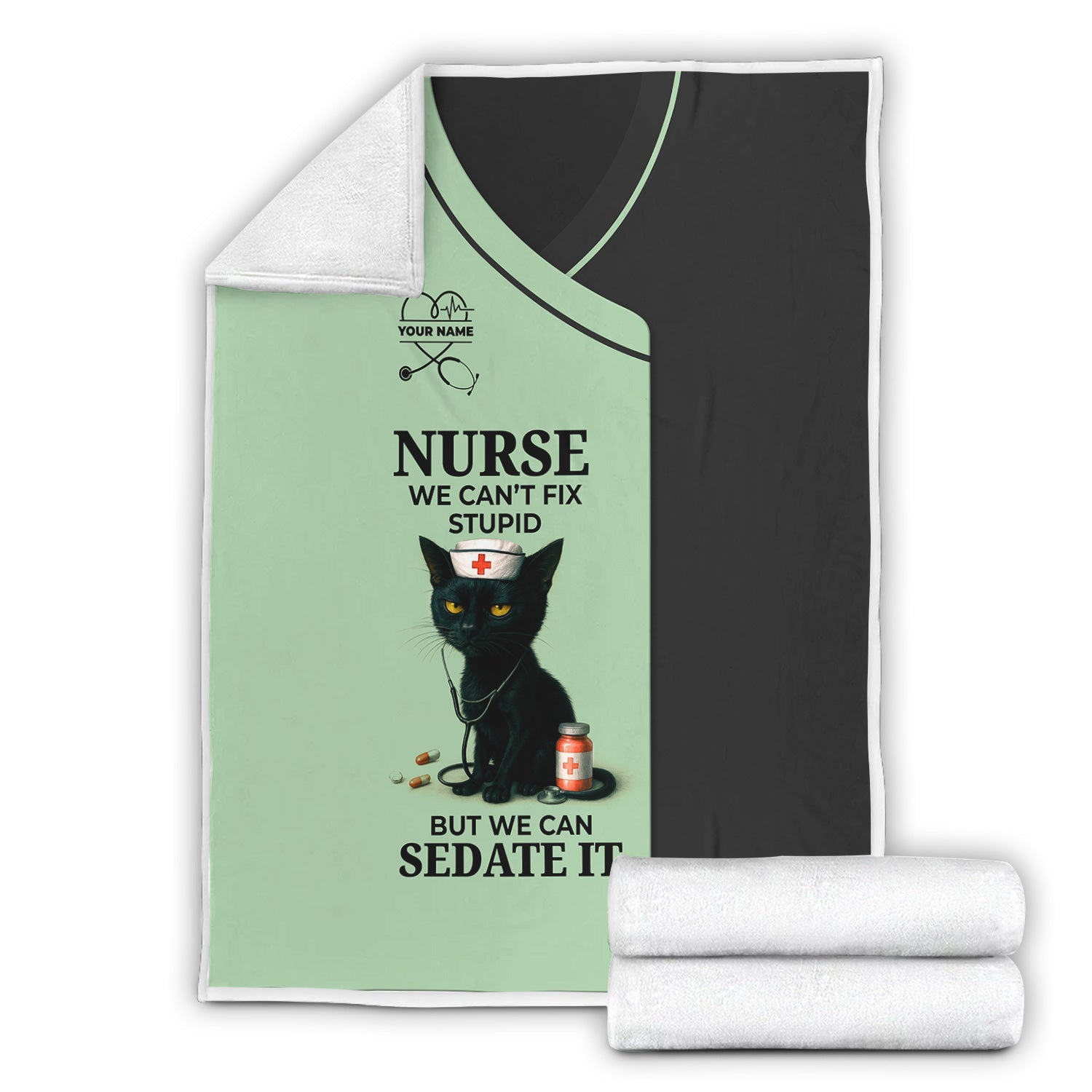 Personalized Funny Nurse Black Cat Blanket - Multiple Color Options Available - Custom Name Gift for RN CNA LPN Healthcare Workers