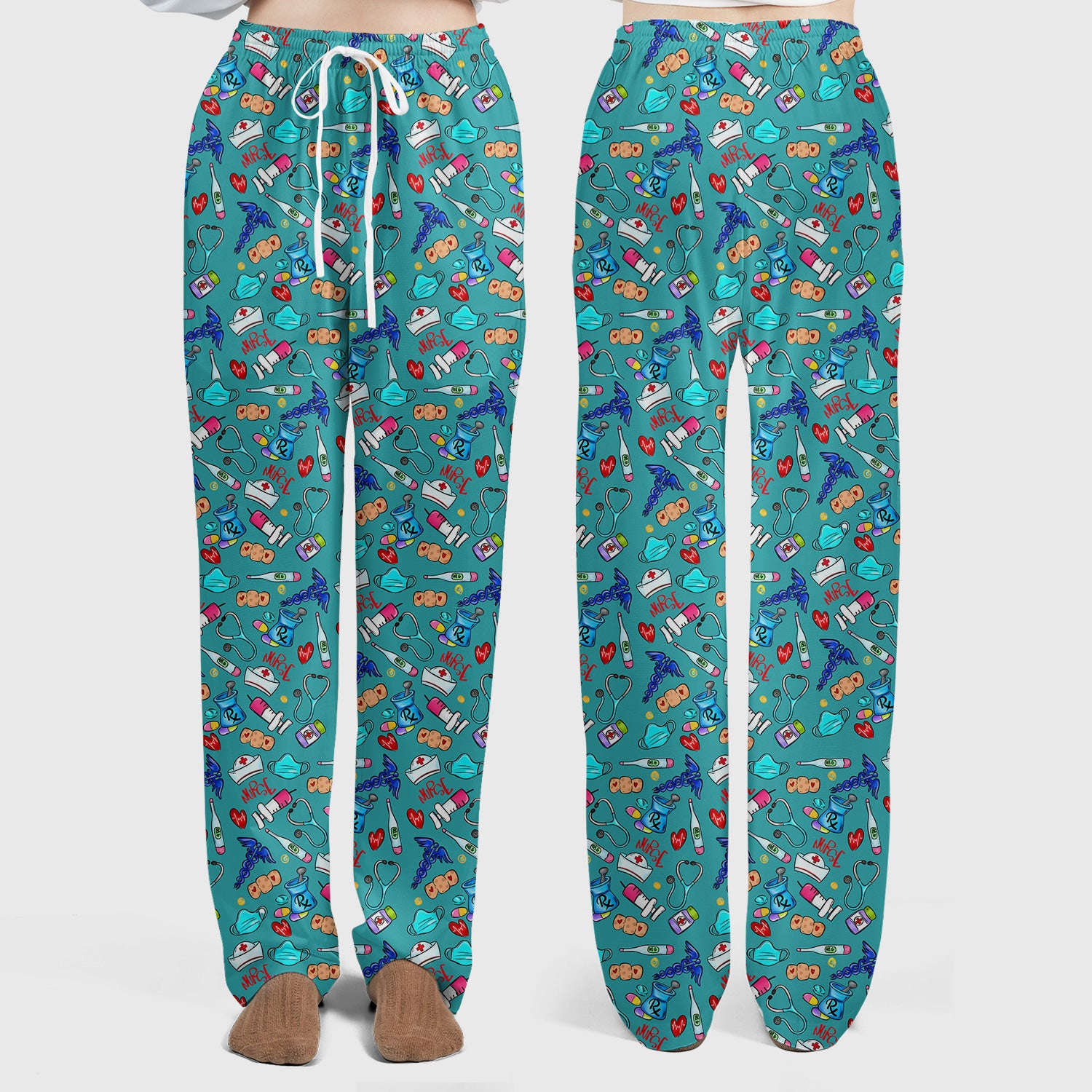 Nurse Medical Icons Stethoscope Heart Pattern Scrub Set, Scrub Pants and V Neck Top