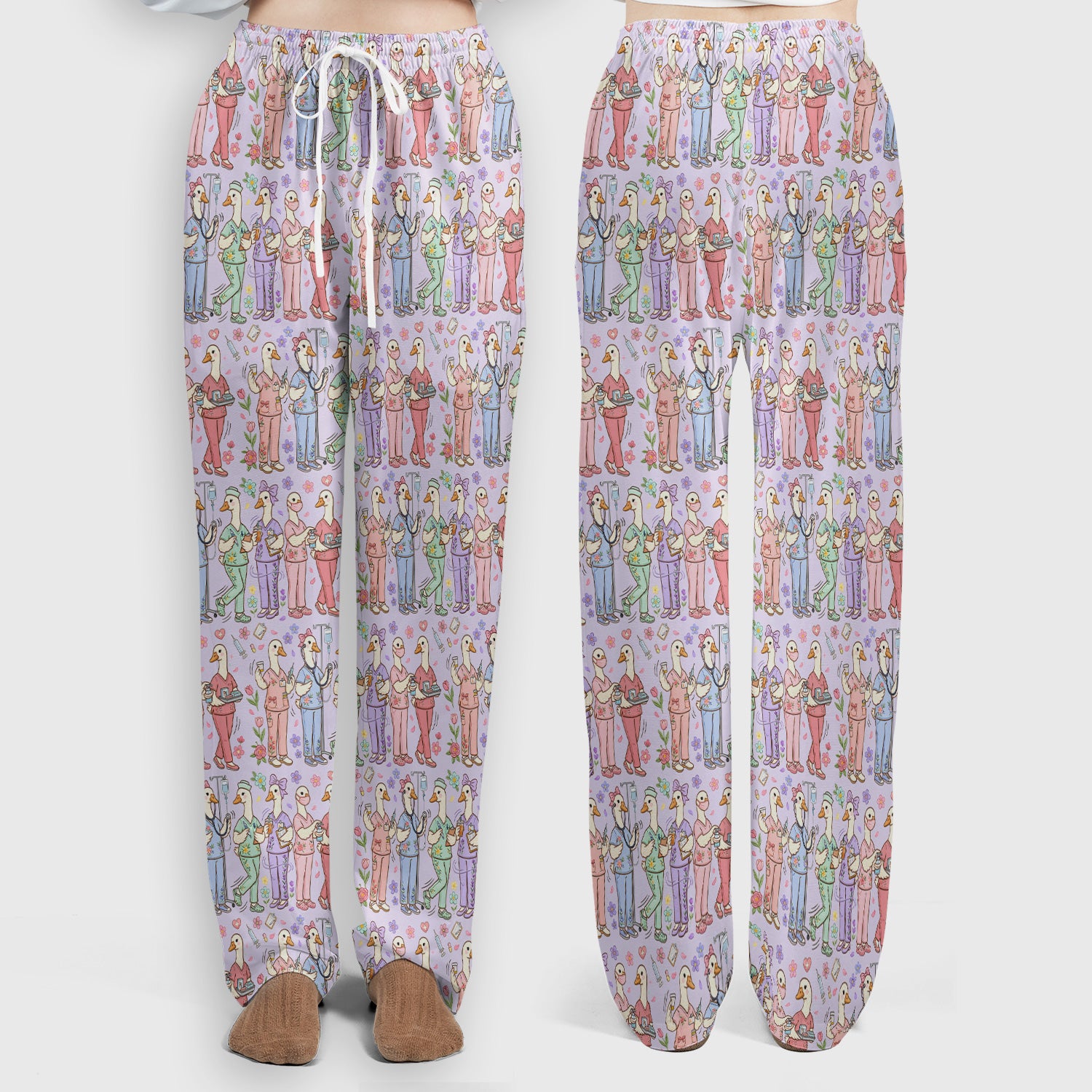 Goose Characters Floral Medical Team Uniform Pattern Scrub Set, Breathable Med Uniform