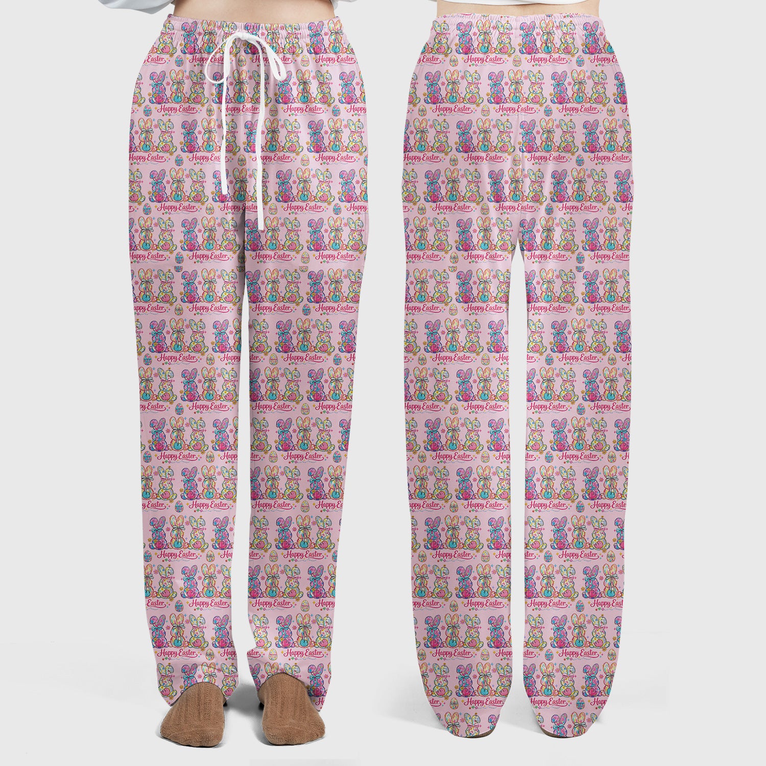 Pink Happy Easter Bunny Pattern Scrub Set, Scrub Pants and V Neck Top