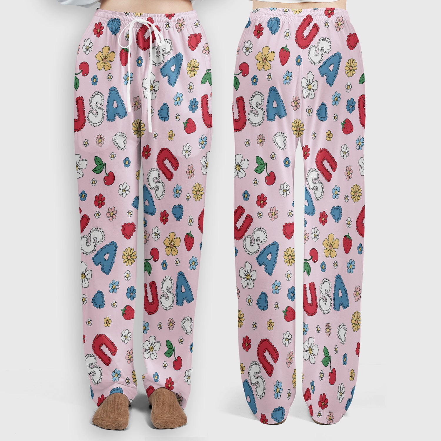 USA Cherry Strawberry Floral Patch Pattern Scrub Set, Scrub Pants and V Neck Top