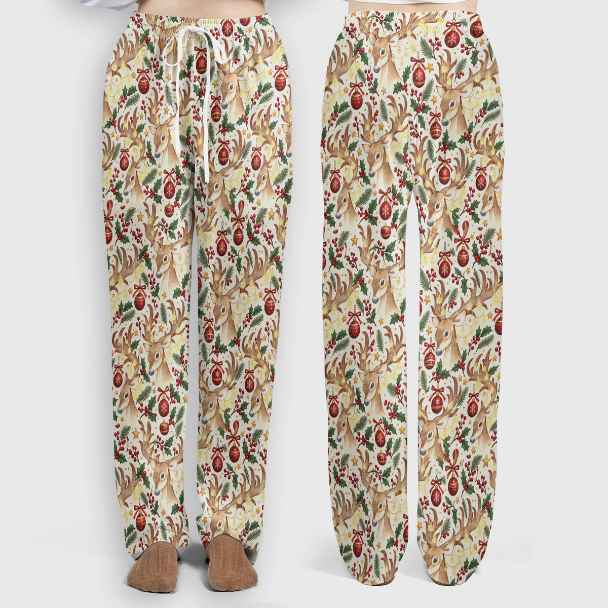 Christmas Reindeer And Holly Scrub Set, Scrub Pants and V Neck Top