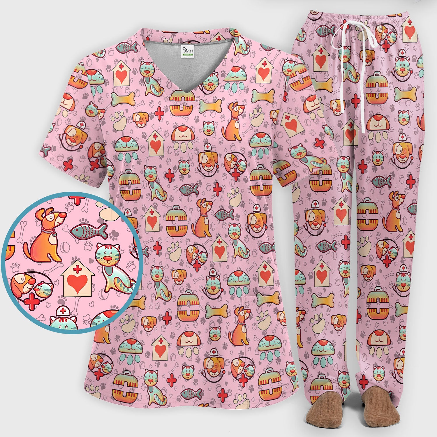 Veterinary Nurse Scrub Set - Cute Cat Dog Paw Scrubs Pants and V Neck Top - Funny Animal Vet Tech Uniform for Women