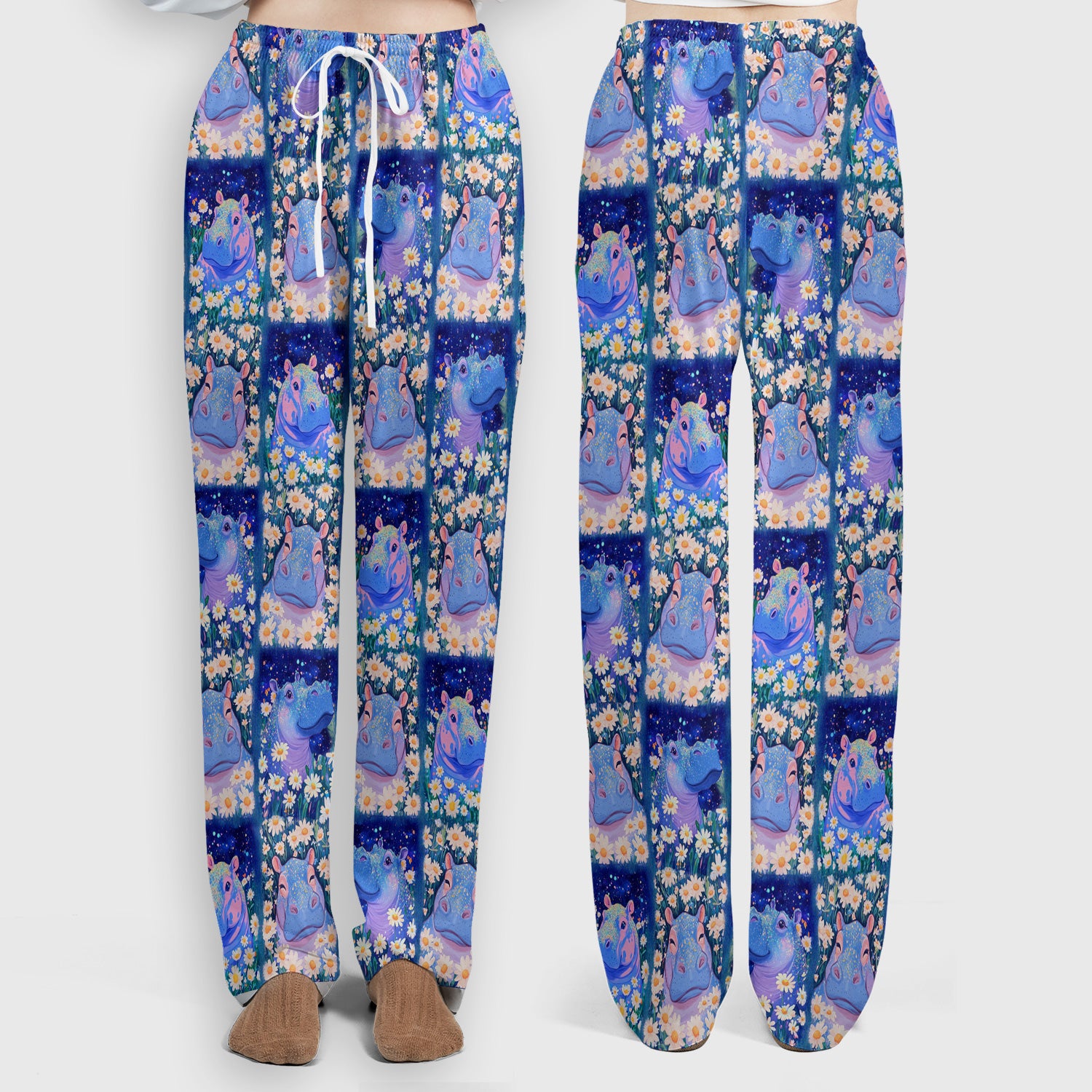Cute Hippo Daisy Floral Patchwork Scrub Set, Scrub Pants and V Neck Top