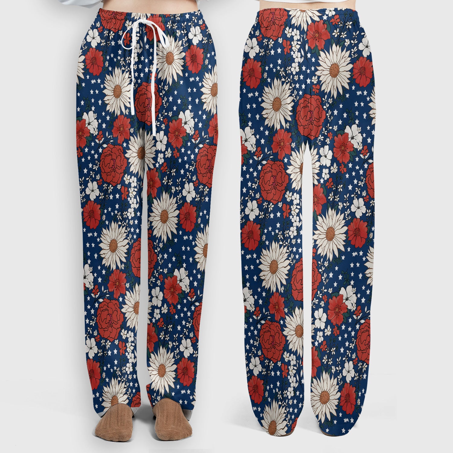 Red White Blue Floral Pattern Scrub Set, Scrub Pants and V Neck Top