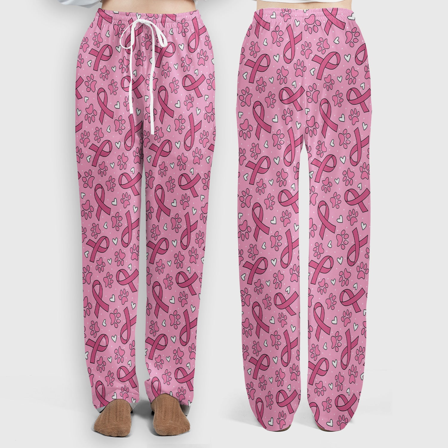 Pink Ribbon Paw Print Scrub Set, Scrub Pants and V Neck Top